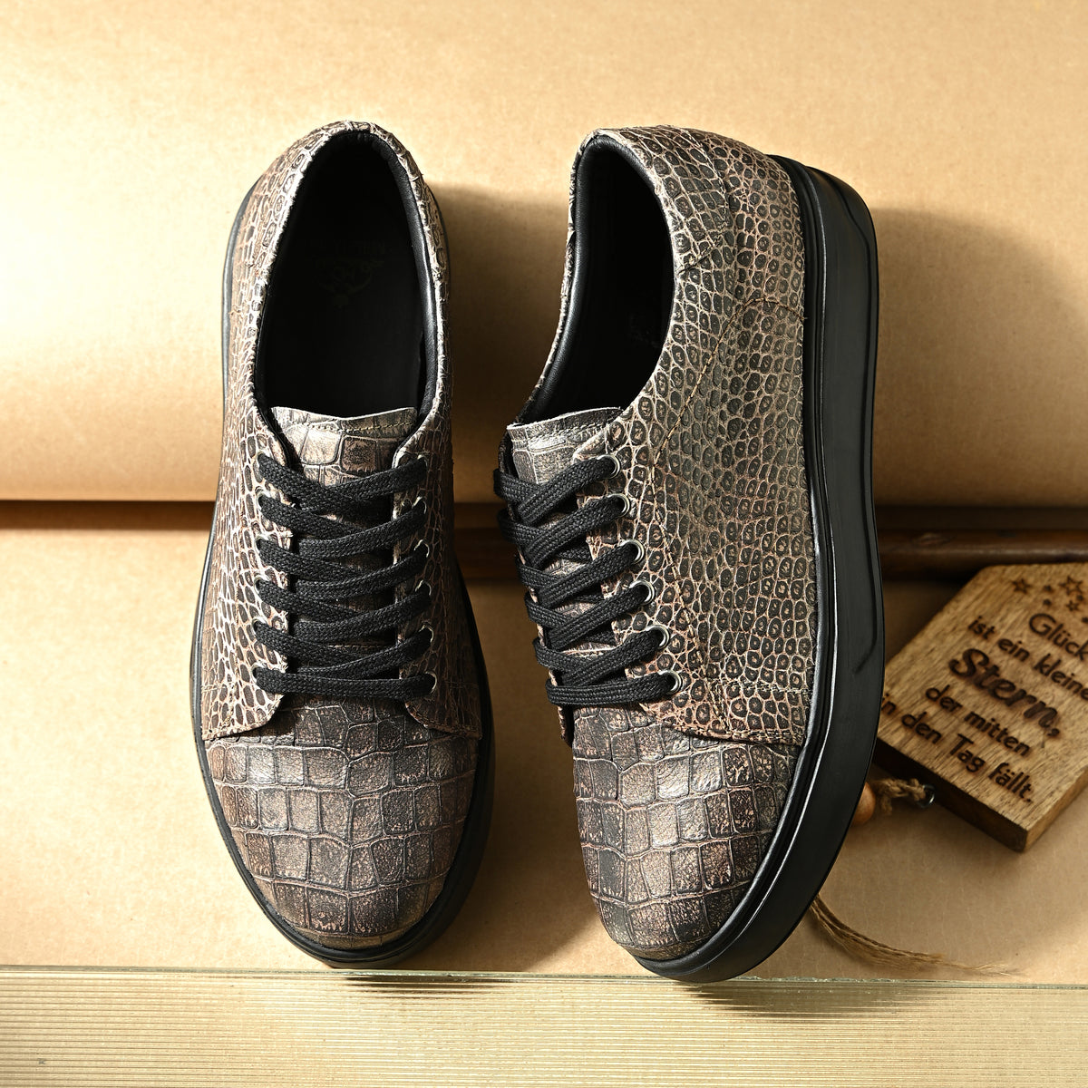 Men’s brown Italian imported calf leather lace-up sneakers with embossed crocodile texture, memory foam cushioning and durable rubber sole.