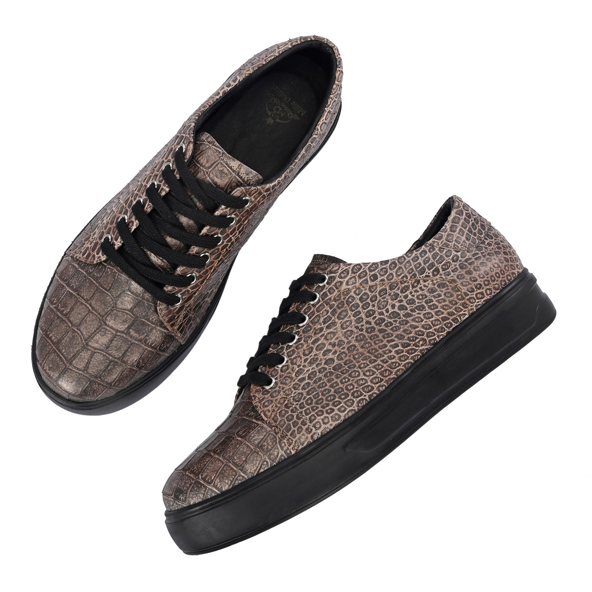 Men’s Premium Brown Italian Imported Calf Leather Sneakers | Crocodile Texture, Memory Foam & Rubber Sole