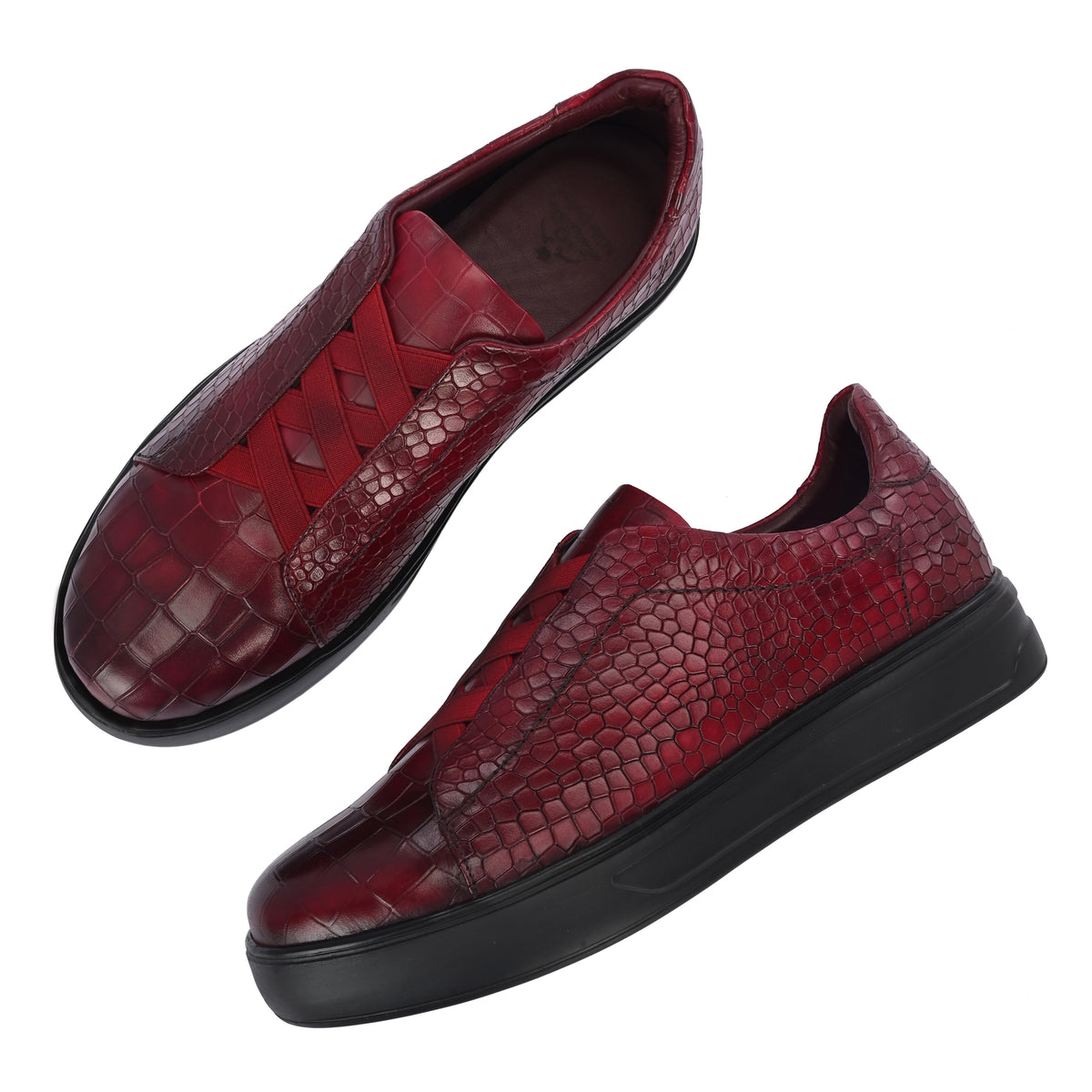 Men’s Burgundy Italian Imported Calf Leather Sneakers with Embossed Crocodile Texture, Memory Foam & Rubber Sole