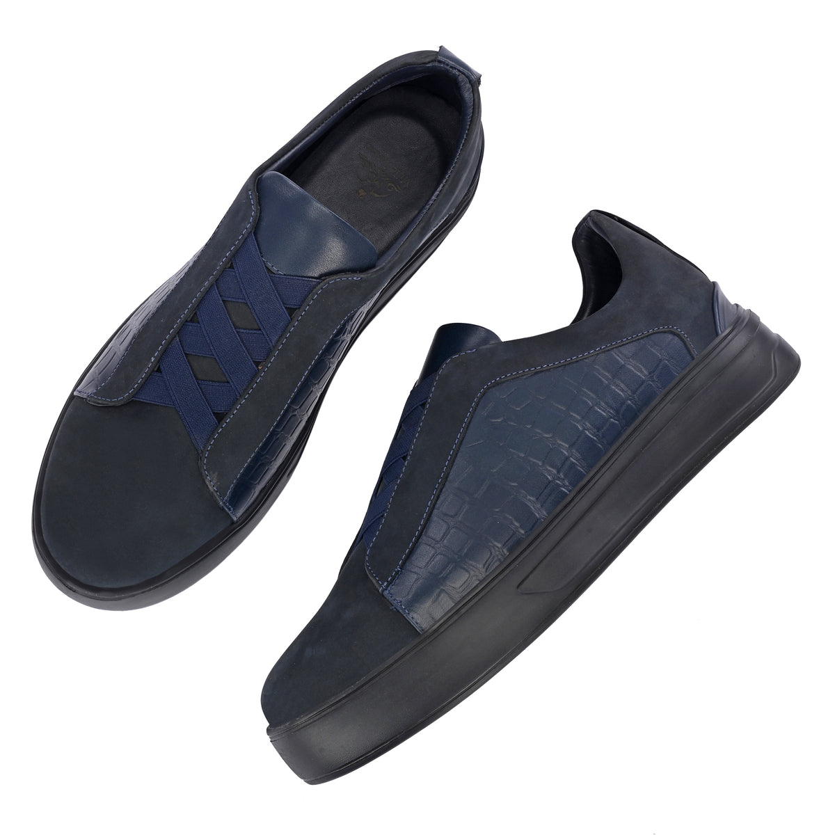 Men’s Black Italian Imported Calf Leather Casual Sneakers with Crocodile Texture, Memory Foam Cushioning & Rubber Sole