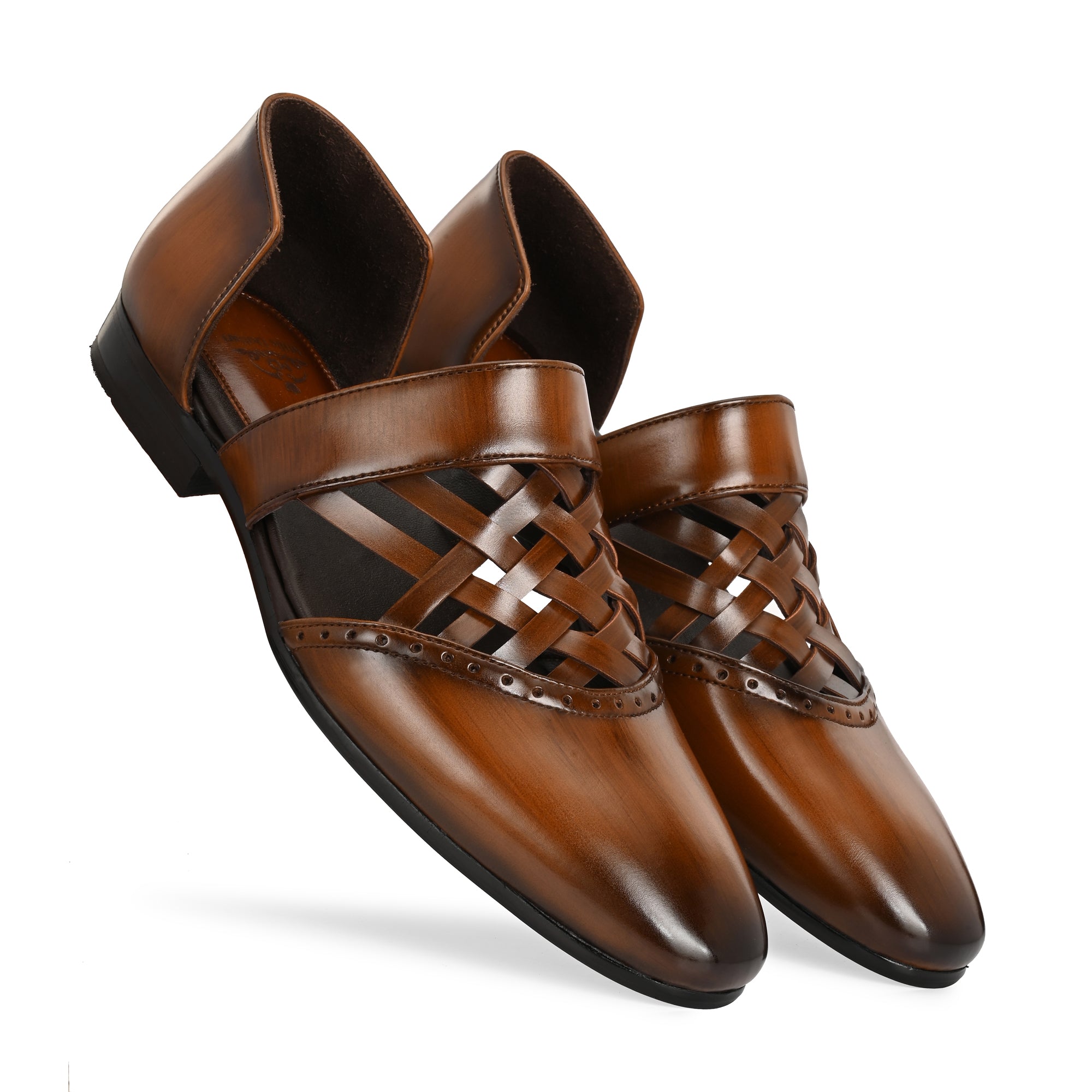 Handcrafted Men’s Brown Woven Leather Sandals with Cushioned Sole & Durable Finish