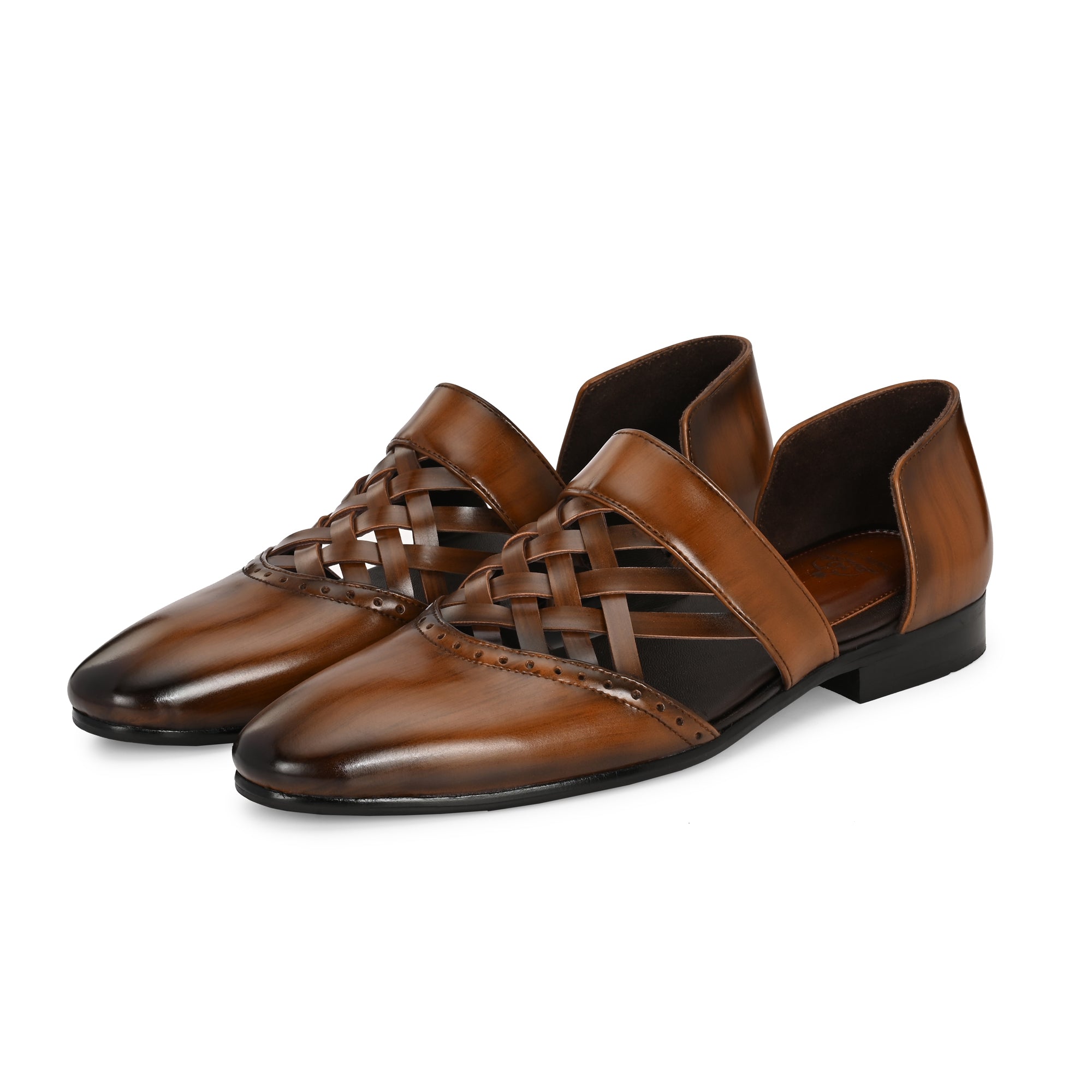 Handcrafted Men’s Brown Woven Leather Sandals with Cushioned Sole & Durable Finish