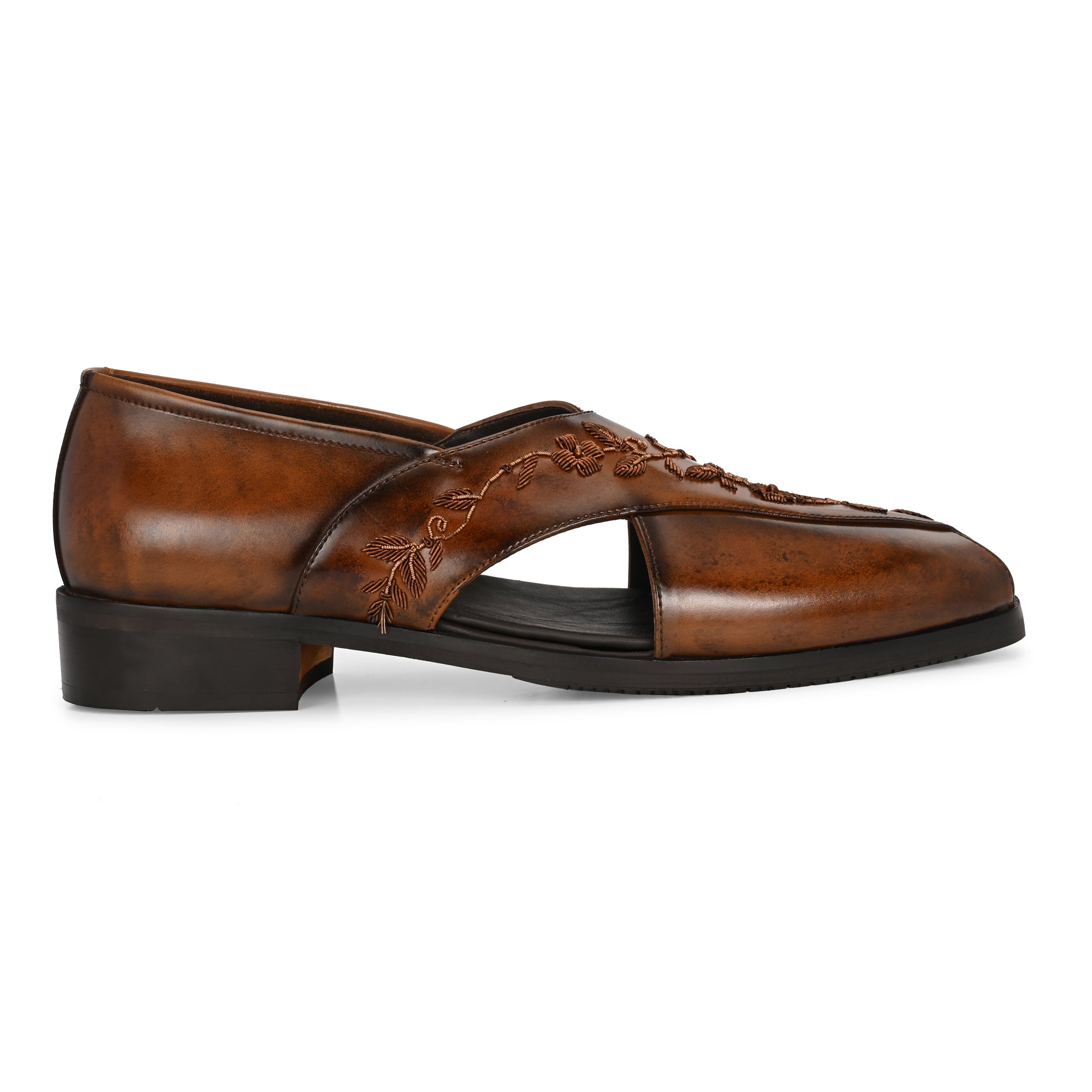 Handcrafted Men’s Brown Embossed Leather Sandals
