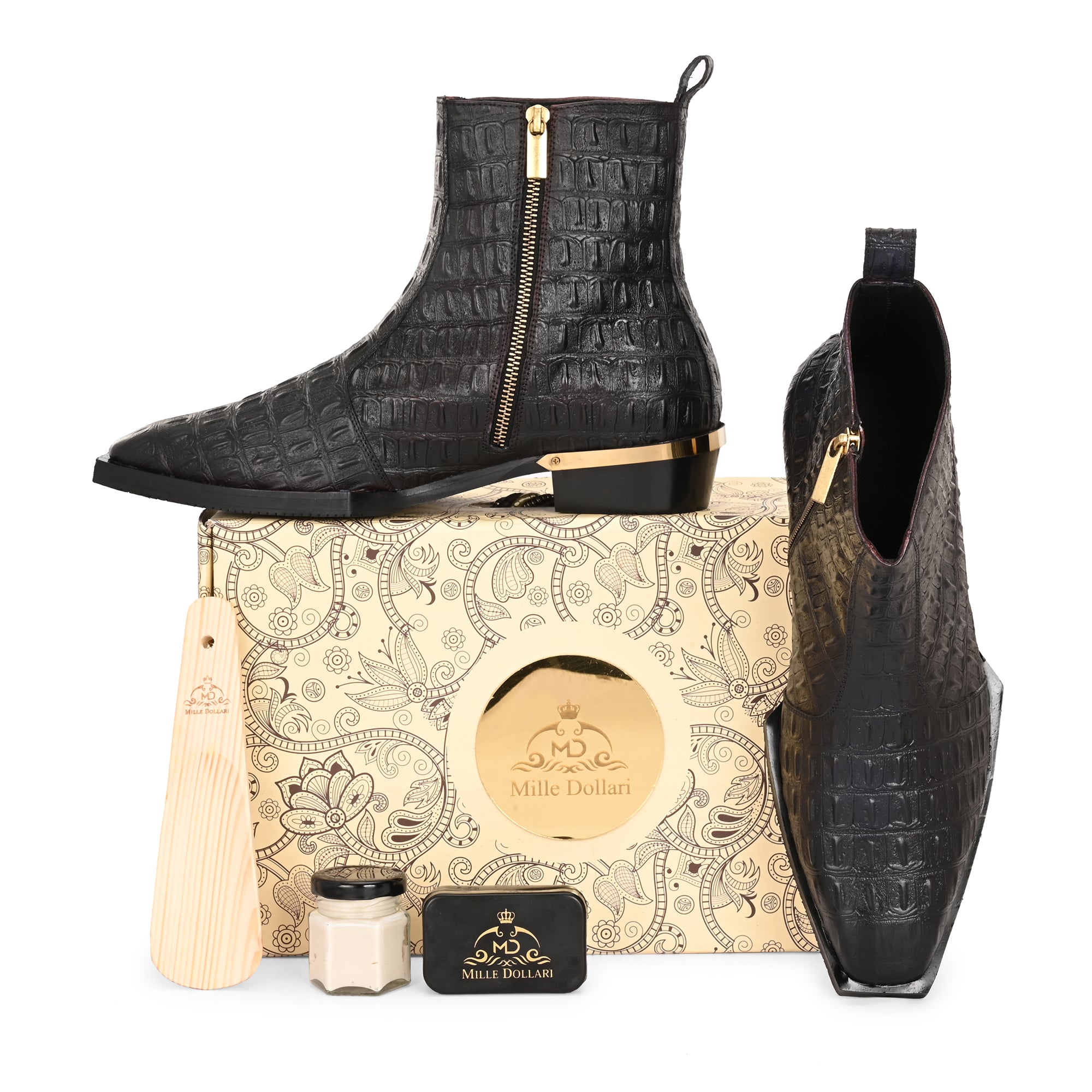 Premium Black Exotic Textured Leather Ankle Boots for Men