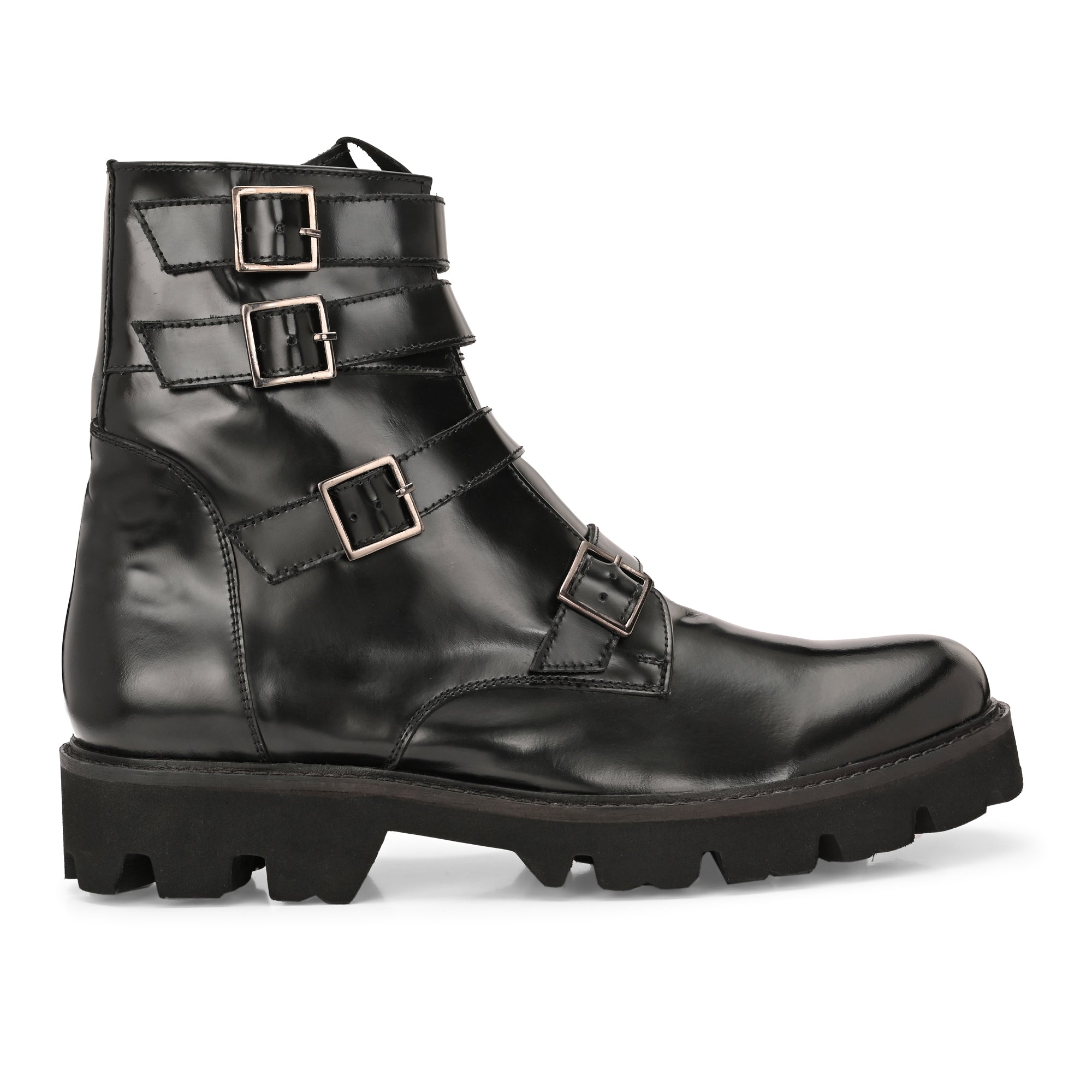 Men’s Black Leather Buckle Boots – Heavy-Duty Combat Style High Ankle Boots