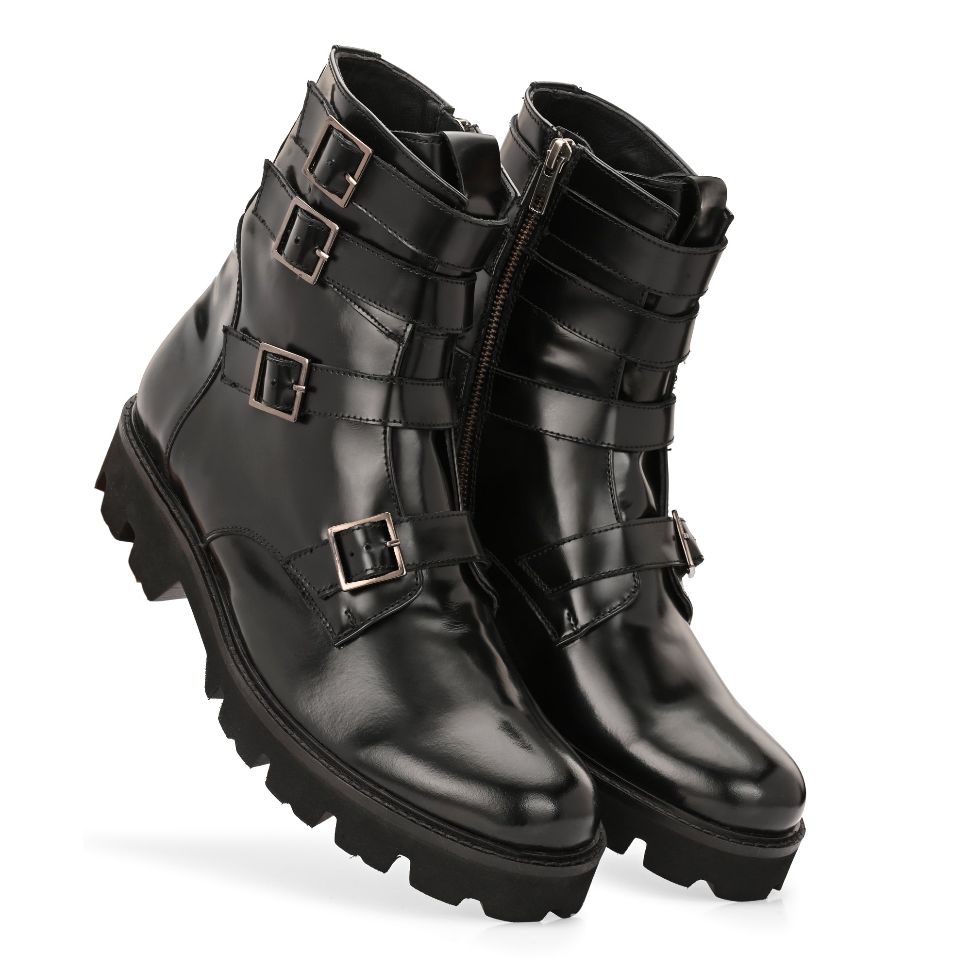 Men’s Black Leather Buckle Boots – Heavy-Duty Combat Style High Ankle Boots
