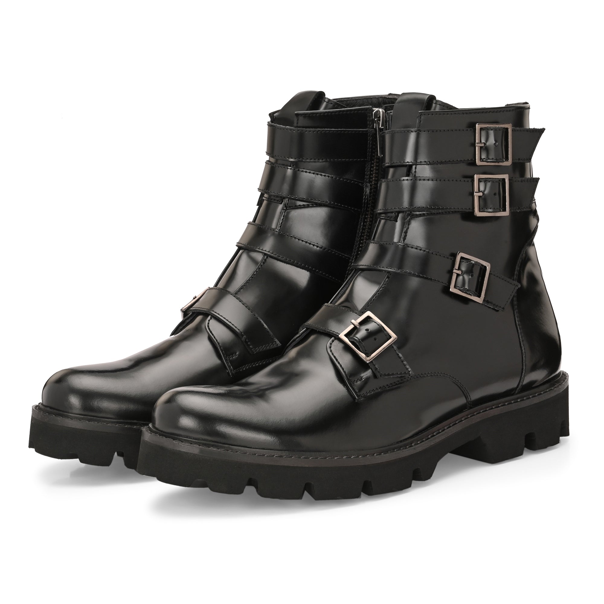 Men’s Black Leather Buckle Boots – Heavy-Duty Combat Style High Ankle Boots
