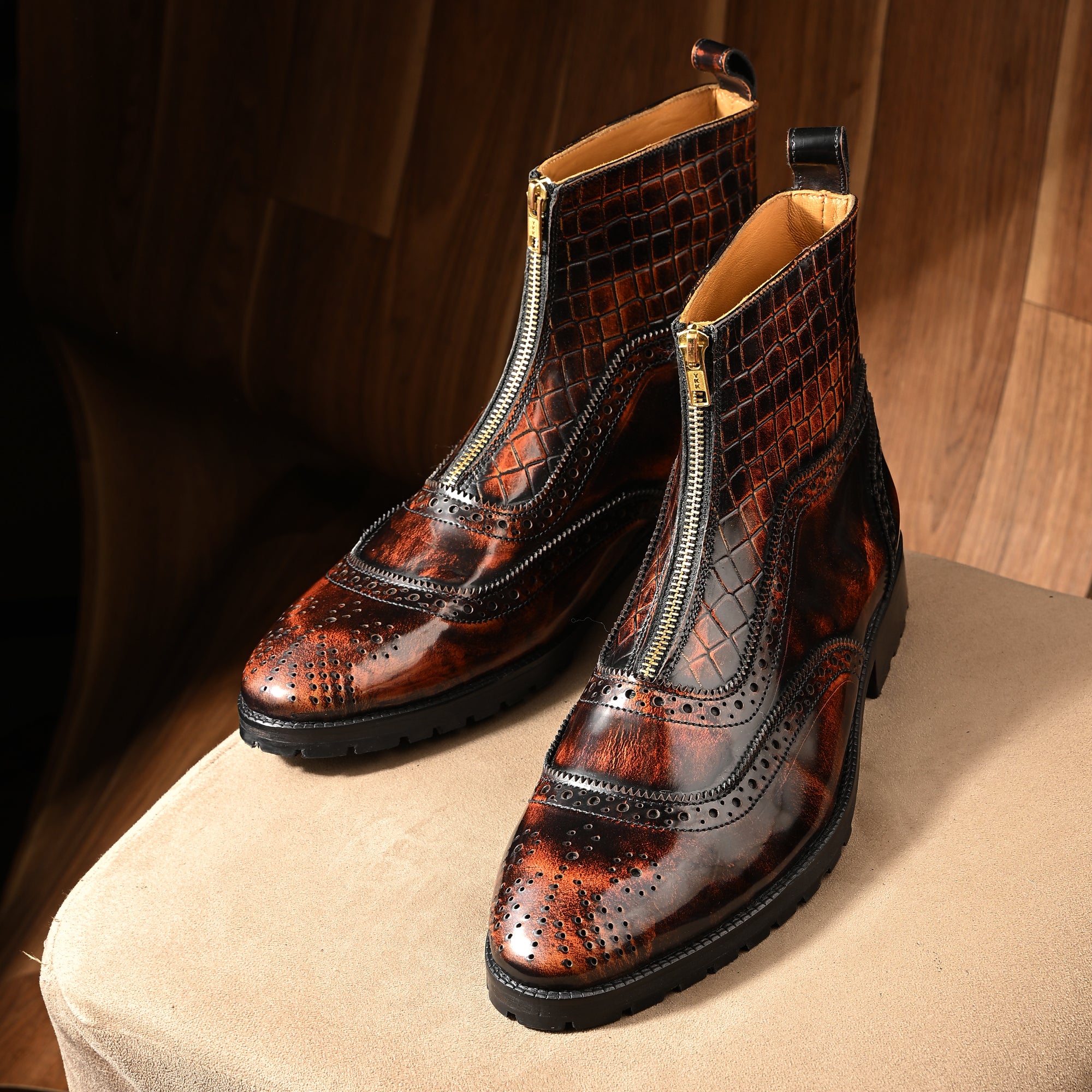 Men’s printed leather lace-up boots with polished finish and stylish patterned design