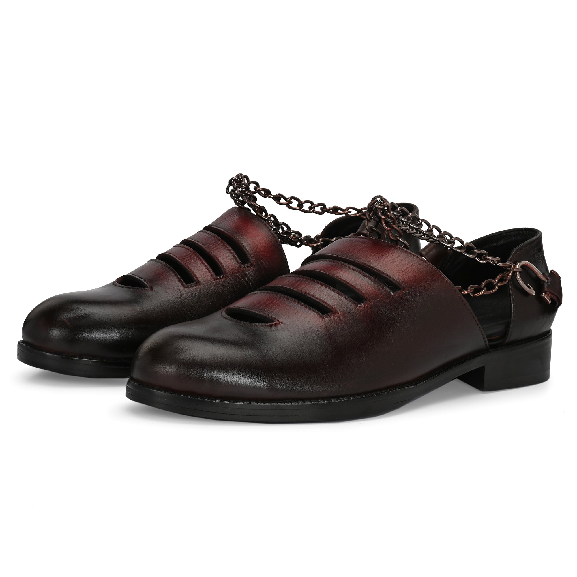 Handcrafted Men’s Leather Cut-Out Sandals with Chain Strap