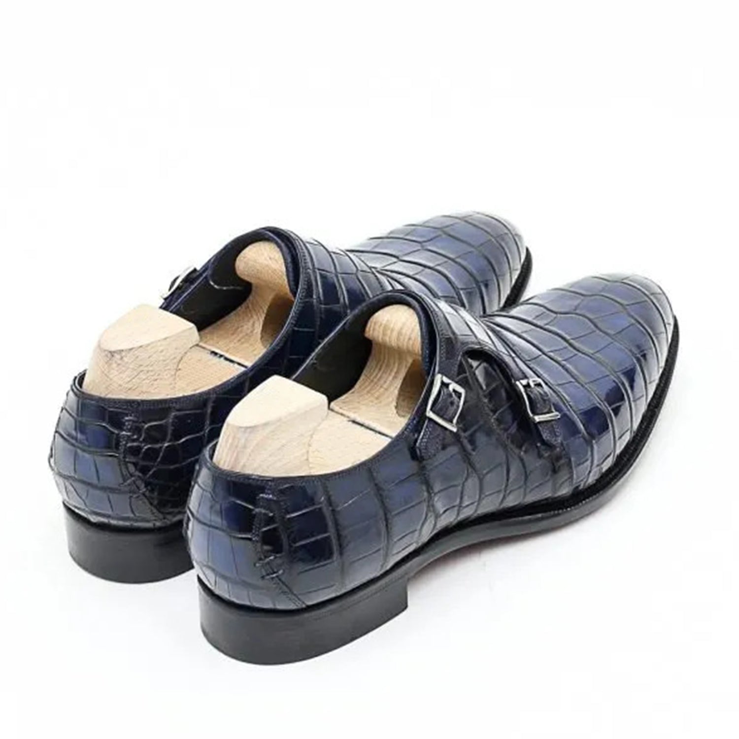 Luxury Men's Navy Blue Crocodile Embossed Double Monk Strap Leather Formal Shoes | Premium Handcrafted Dress Shoes for Wedding & Office