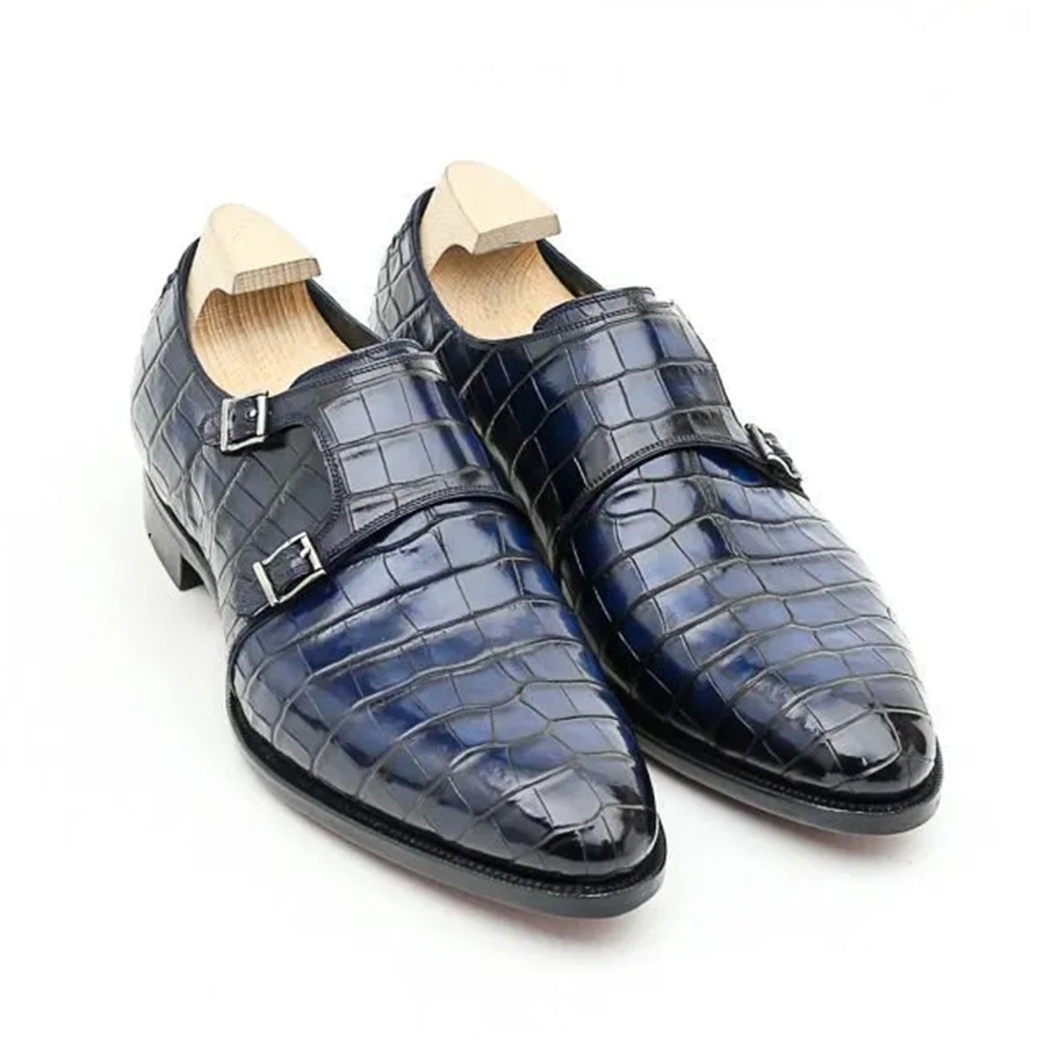 Luxury men's navy blue crocodile embossed genuine leather double monk strap formal shoes featuring a cap-toe design, polished double buckle closure, glossy hand-finished leather, cushioned insole, and premium craftsmanship for weddings, office wear, business meetings, and formal occasions.