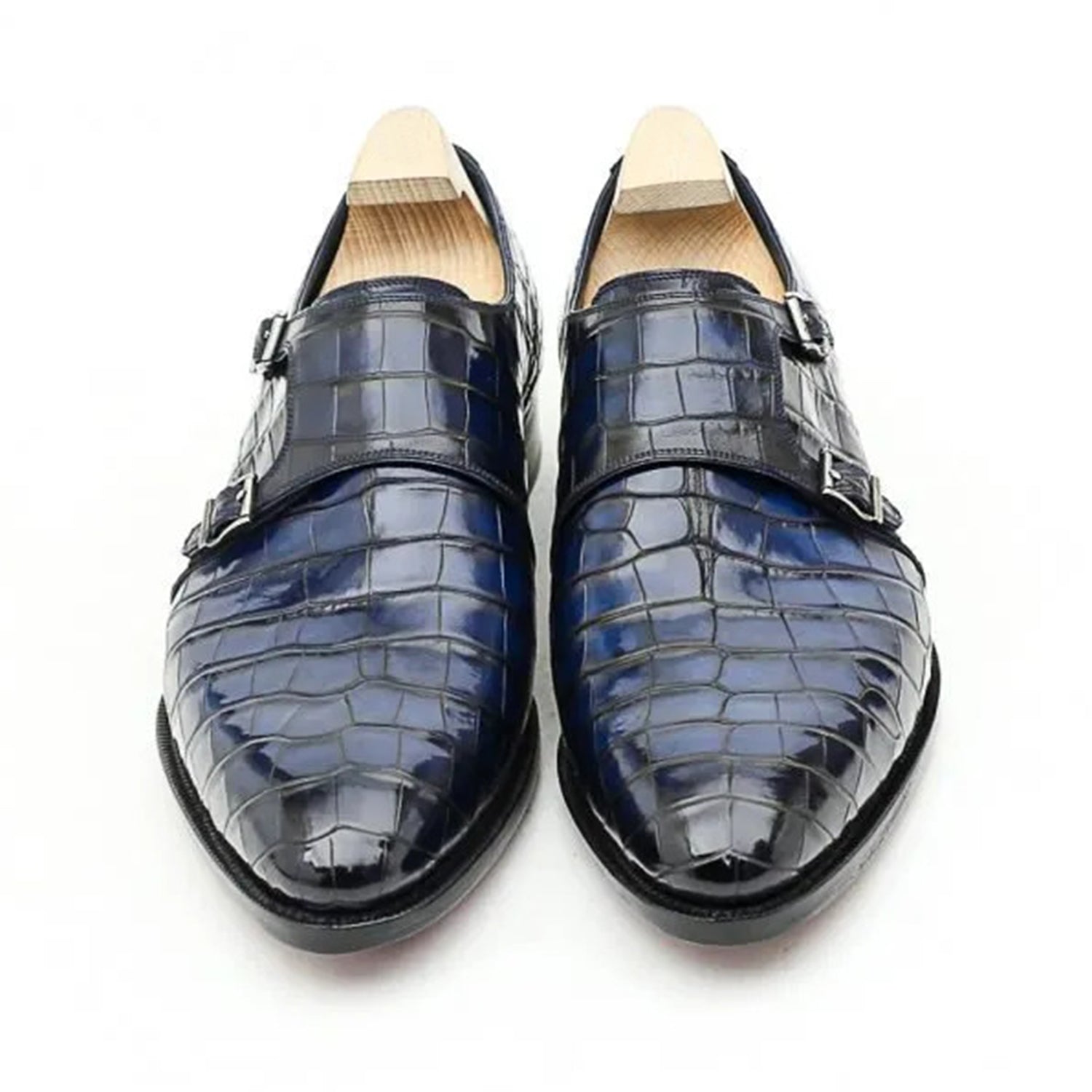Luxury Men's Navy Blue Crocodile Embossed Double Monk Strap Leather Formal Shoes | Premium Handcrafted Dress Shoes for Wedding & Office