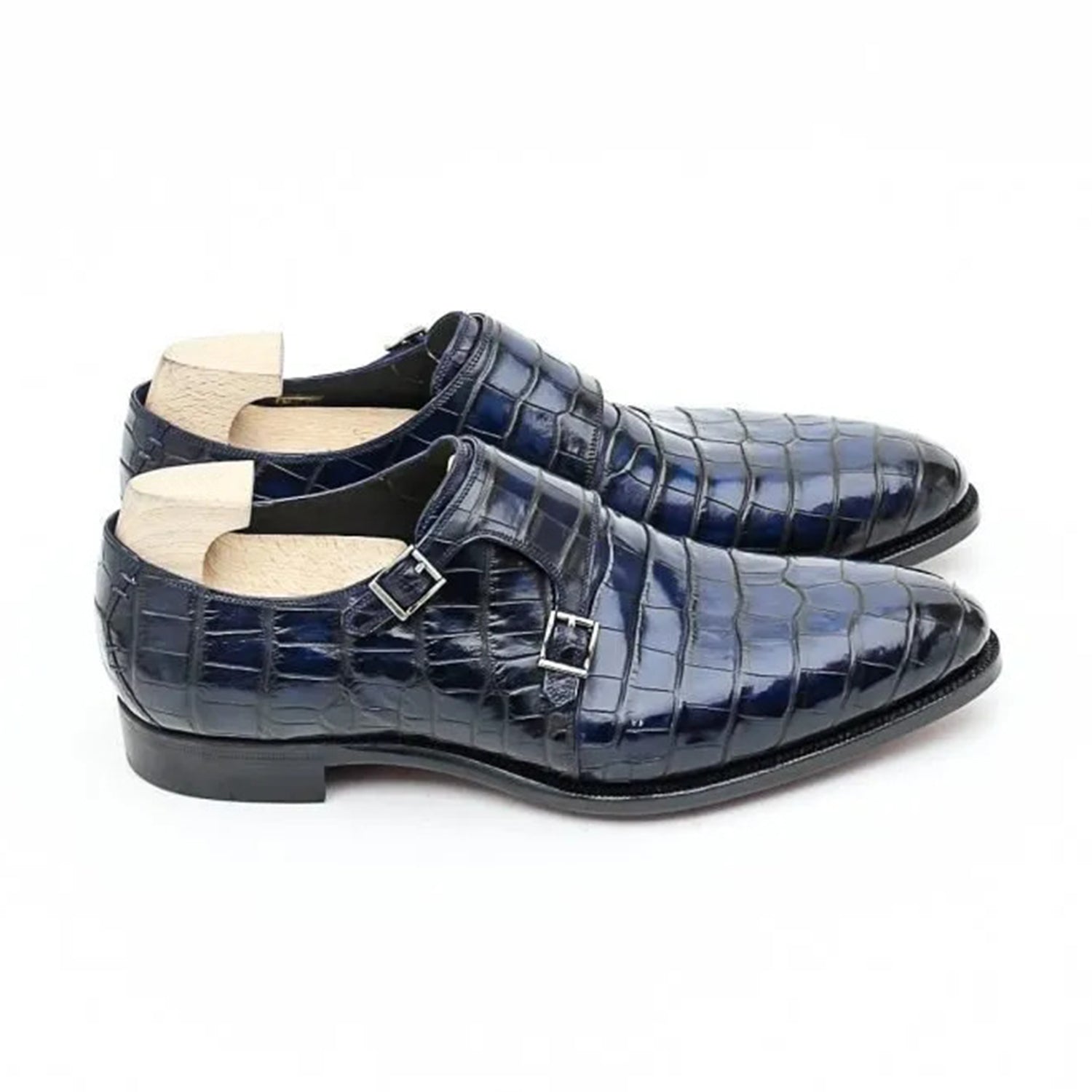 Luxury Men's Navy Blue Crocodile Embossed Double Monk Strap Leather Formal Shoes | Premium Handcrafted Dress Shoes for Wedding & Office