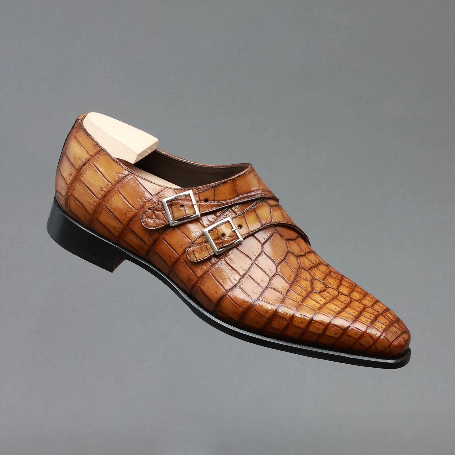 Luxury Men's Tan Crocodile Embossed Double Monk Strap Leather Formal Shoes | Premium Handcrafted Dress Shoes for Wedding, Office & Business