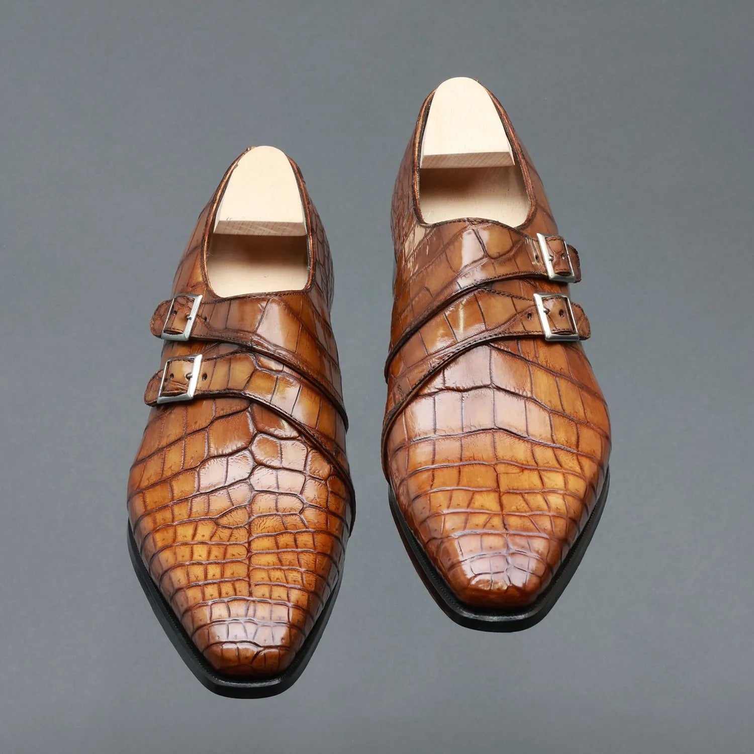 Luxury Men's Tan Crocodile Embossed Double Monk Strap Leather Formal Shoes | Premium Handcrafted Dress Shoes for Wedding, Office & Business