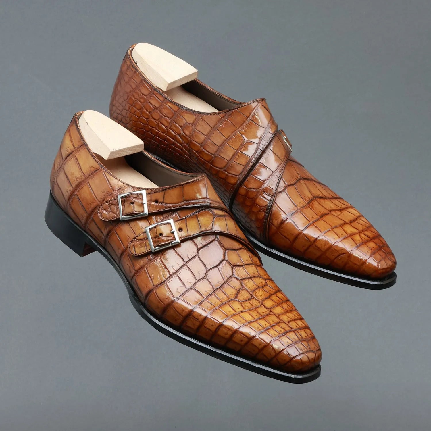Luxury Men's Tan Crocodile Embossed Double Monk Strap Leather Formal Shoes | Premium Handcrafted Dress Shoes for Wedding, Office & Business