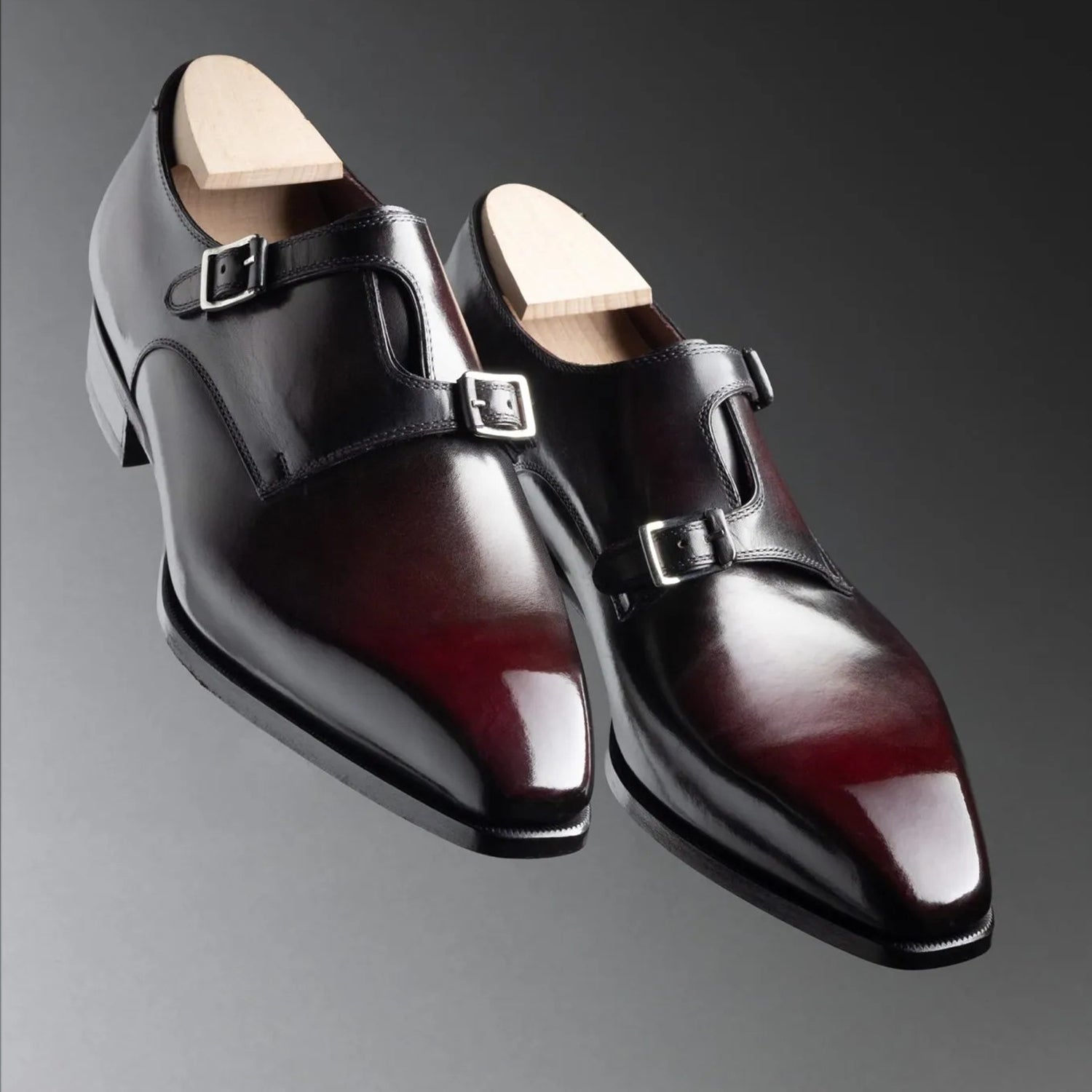 Luxury Men's Burgundy Patina Asymmetrical Double Monk Strap Leather Formal Shoes | Premium Handcrafted Dress Shoes for Wedding, Office & Business