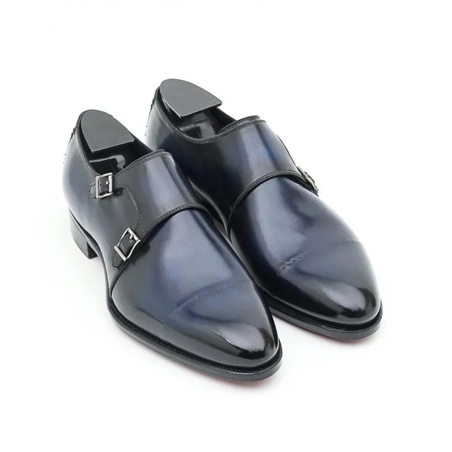Luxury men's navy blue genuine leather double monk strap formal dress shoes featuring a cap-toe design, polished silver double buckle closure, hand-painted leather finish, cushioned footbed, and premium craftsmanship for weddings, office wear, business meetings, and formal occasions.