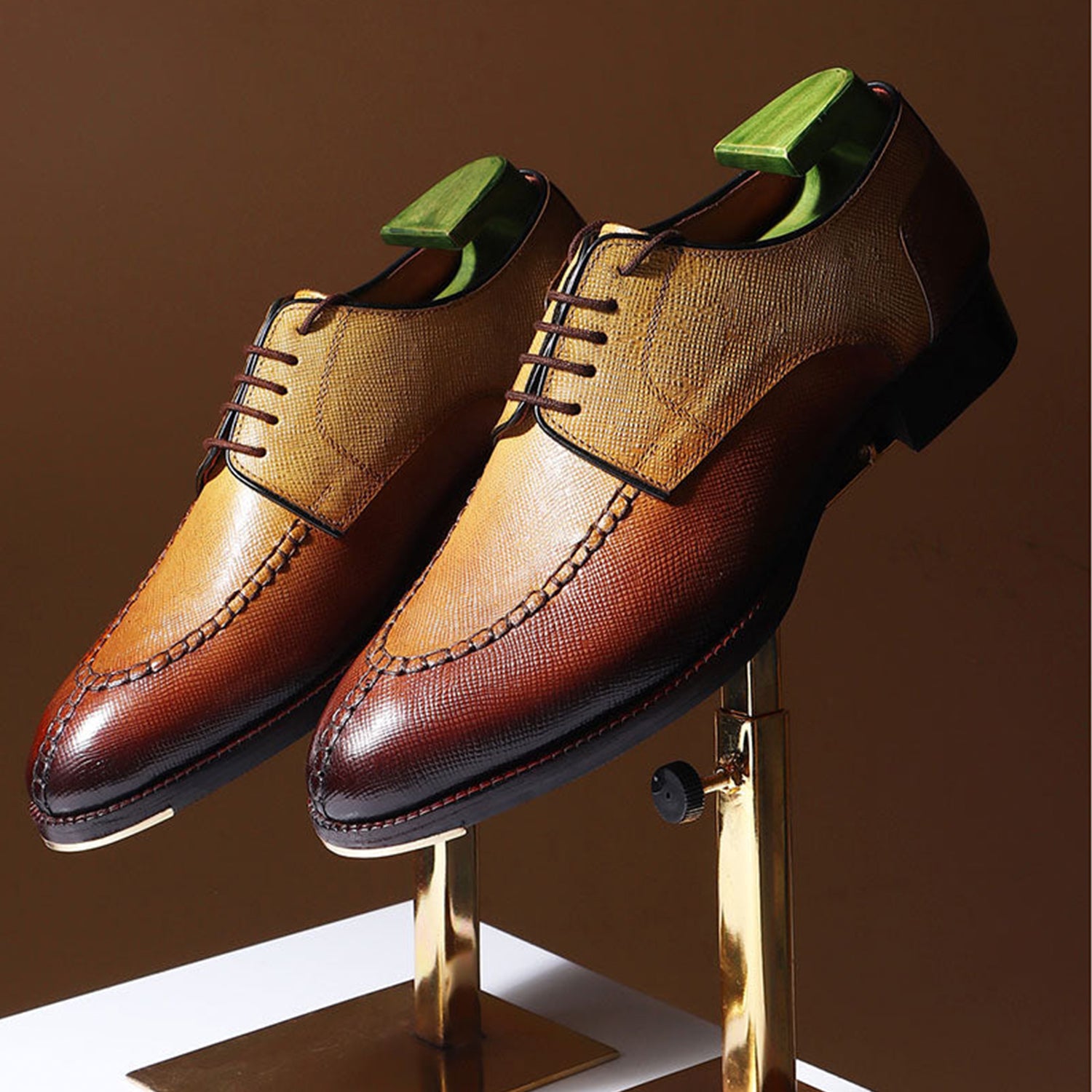 Men’s tan and brown textured leather lace-up derby shoes with two-tone finish and stacked heel – premium formal footwear for office and business wear