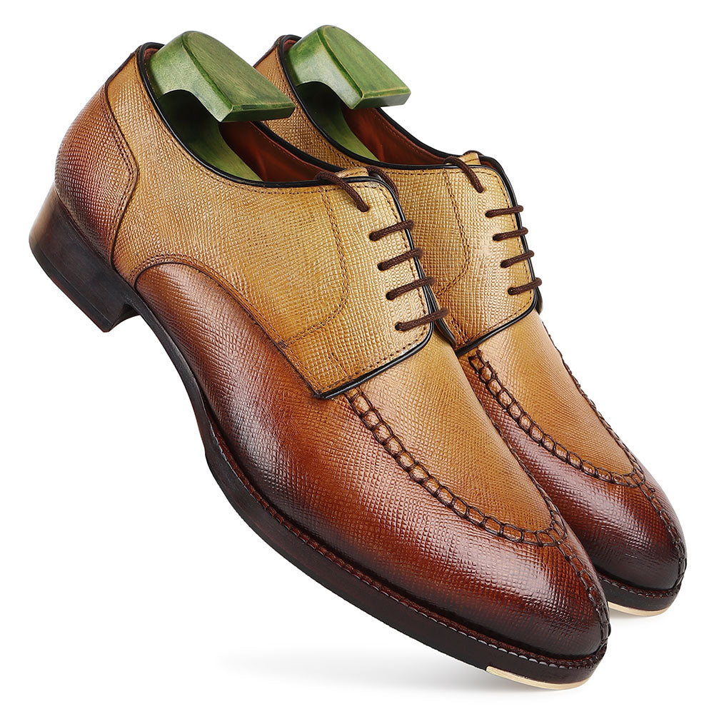 Men’s Tan & Brown Textured Leather Lace-Up Shoes | Premium Two-Tone Formal Derby Shoes