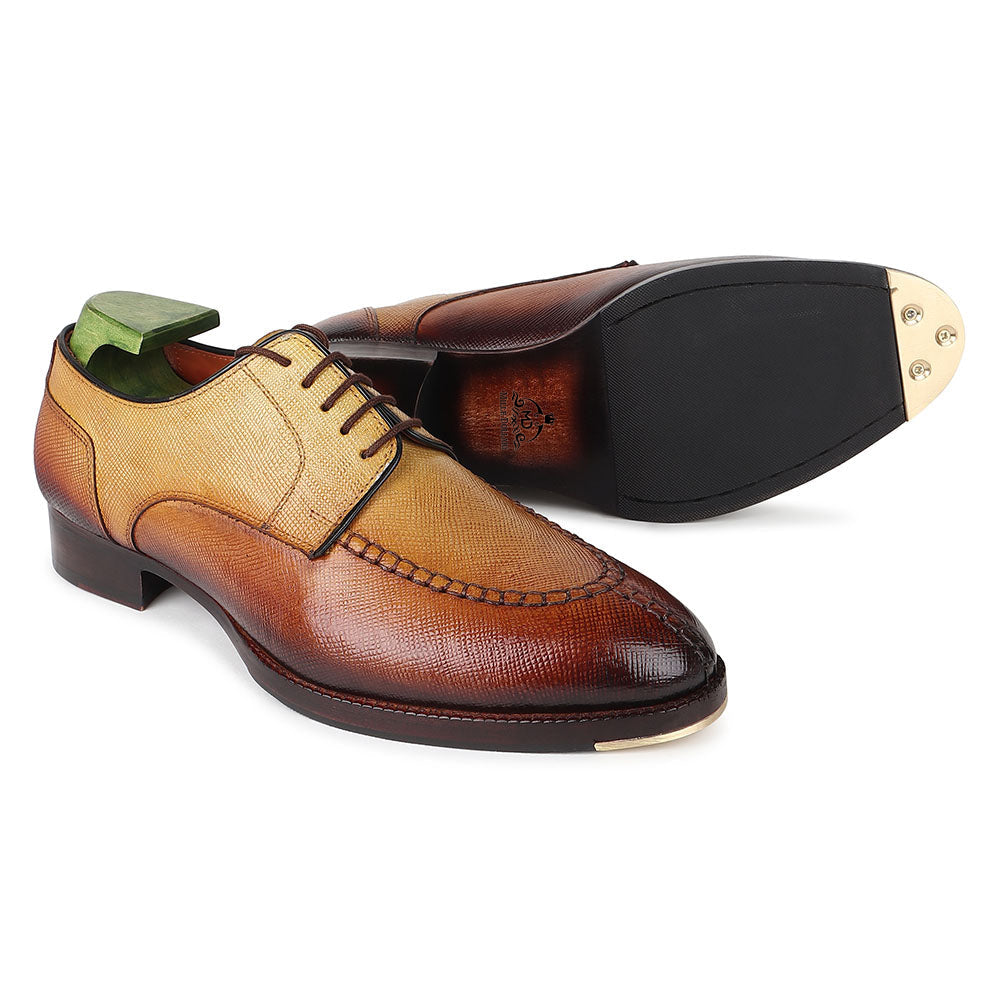 Men’s Tan & Brown Textured Leather Lace-Up Shoes | Premium Two-Tone Formal Derby Shoes