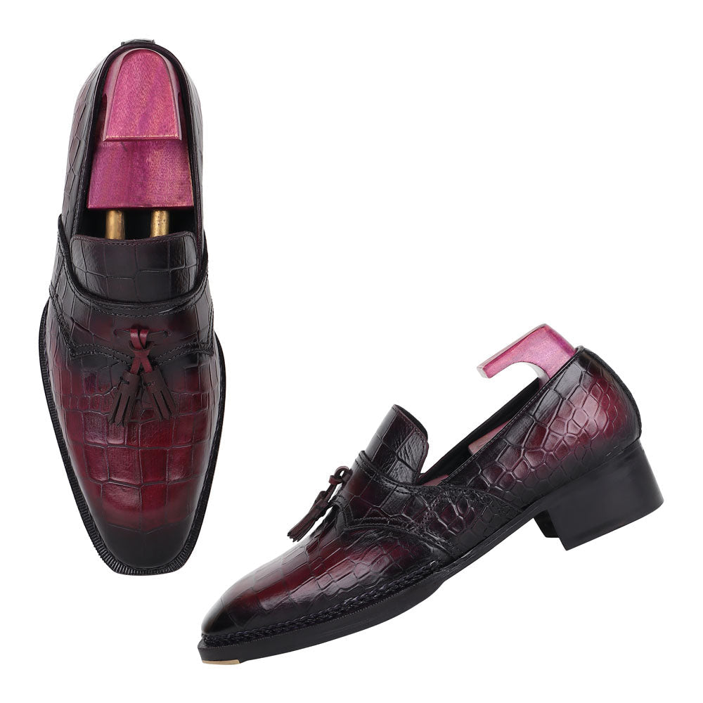 Men’s Burgundy Croc Textured Leather Tassel Loafers | Premium Formal Slip-On Dress Shoes