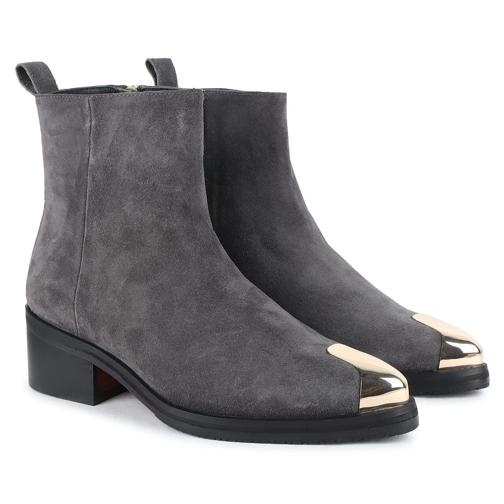 Men’s Grey Suede Ankle Boots with Metal Toe Cap | Premium Designer Boots for Men