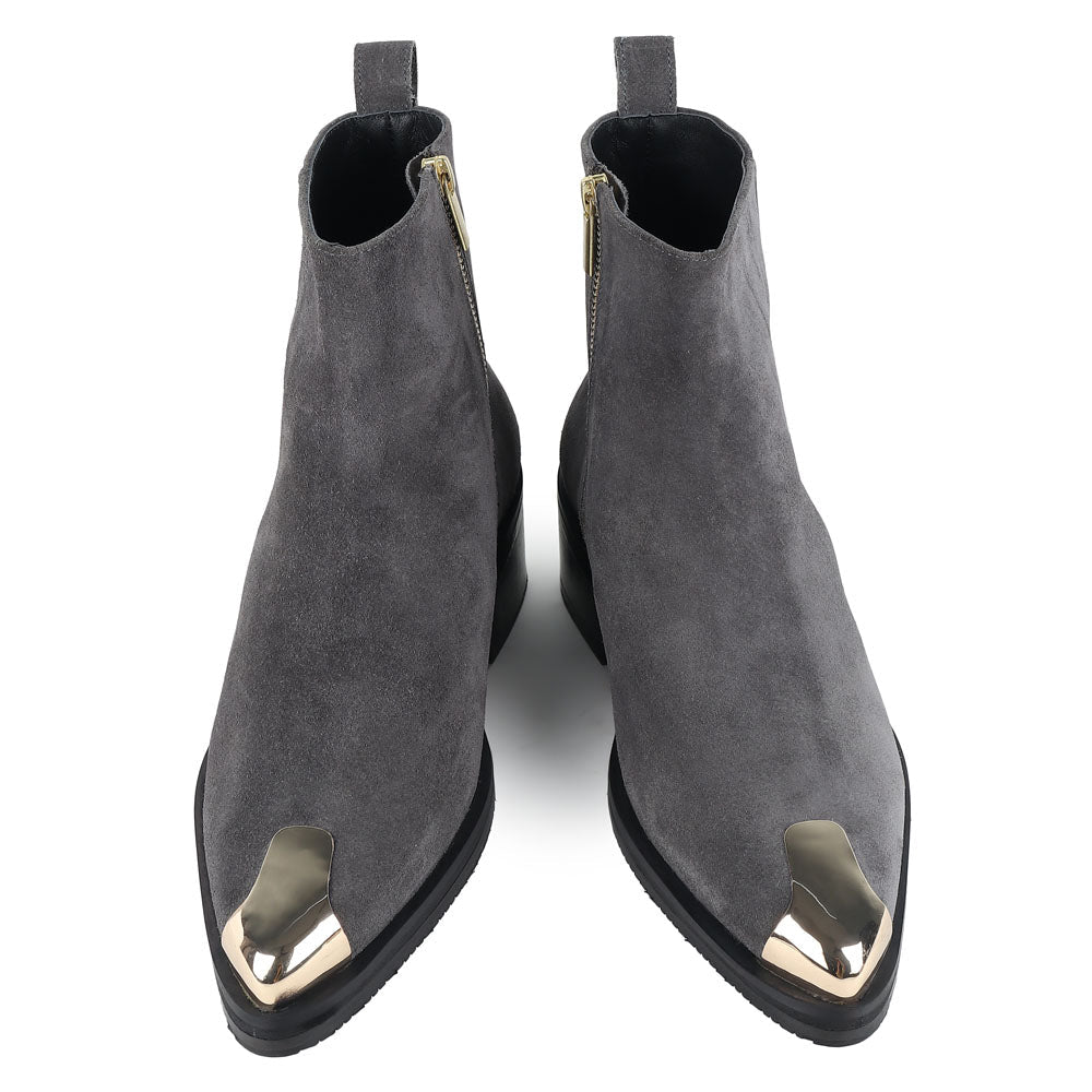 Men’s Grey Suede Ankle Boots with Metal Toe Cap | Premium Designer Boots for Men