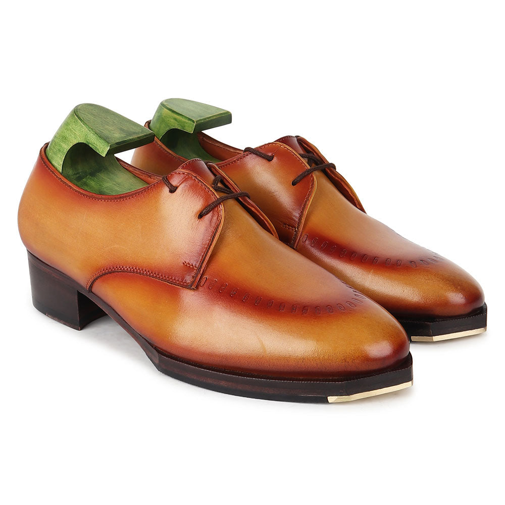Men’s tan brown genuine leather formal lace up shoes with handcrafted finish, stacked heel and classic office wear design