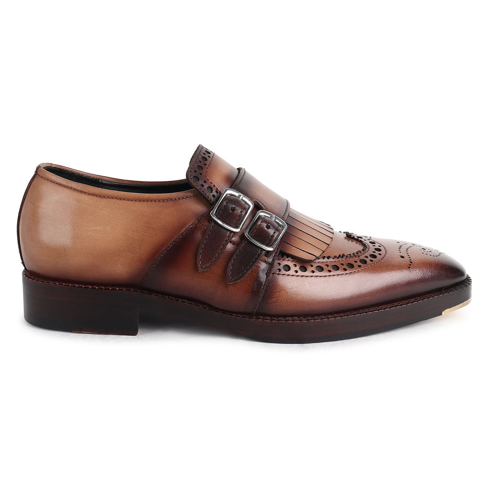 Men’s Tan Brown Leather Double Monk Strap Brogue Shoes | Premium Formal Buckle Dress Shoes