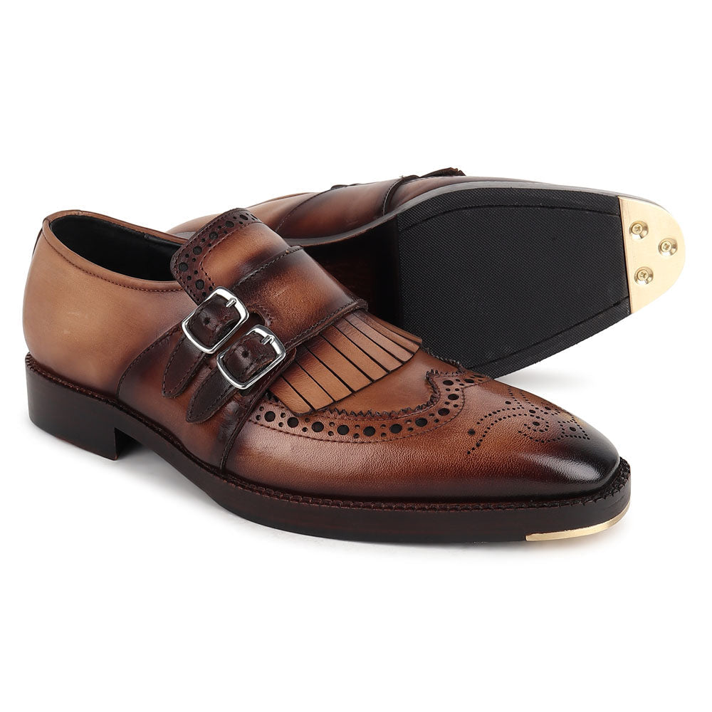 Men’s Tan Brown Leather Double Monk Strap Brogue Shoes | Premium Formal Buckle Dress Shoes