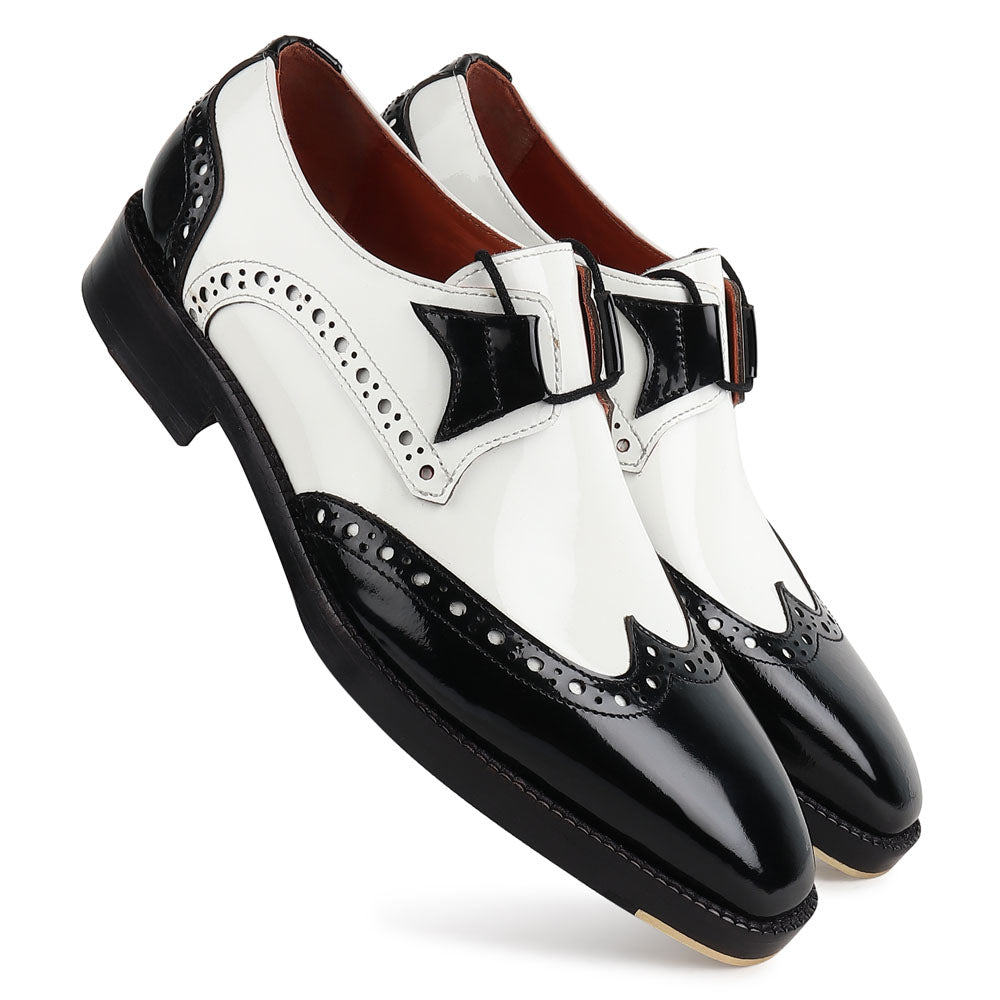 Men’s Black & White Leather Monk Strap Shoes | Premium Two-Tone Brogue Formal Shoes