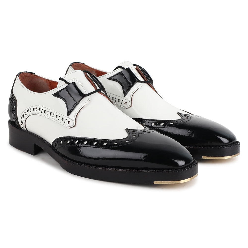 Men’s Black & White Leather Monk Strap Shoes | Premium Two-Tone Brogue Formal Shoes