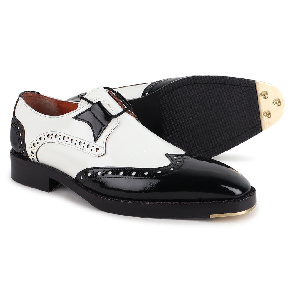 Men’s Black & White Leather Monk Strap Shoes | Premium Two-Tone Brogue Formal Shoes