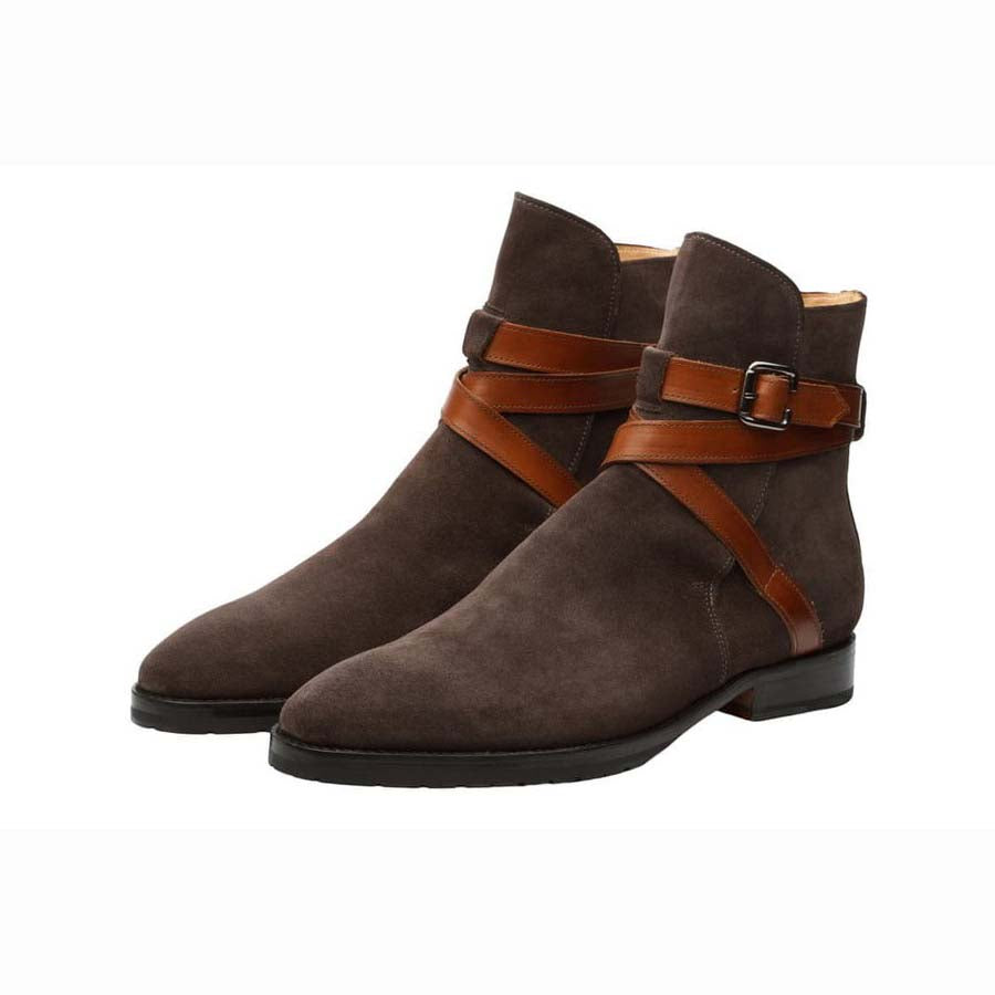 Men’s dark brown suede leather ankle boots with buckle strap and premium finish