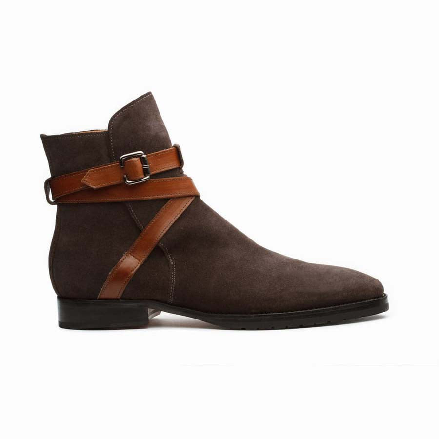 Men’s Dark Brown Suede Leather Ankle Boots with Buckle Strap | Premium Boots for Men