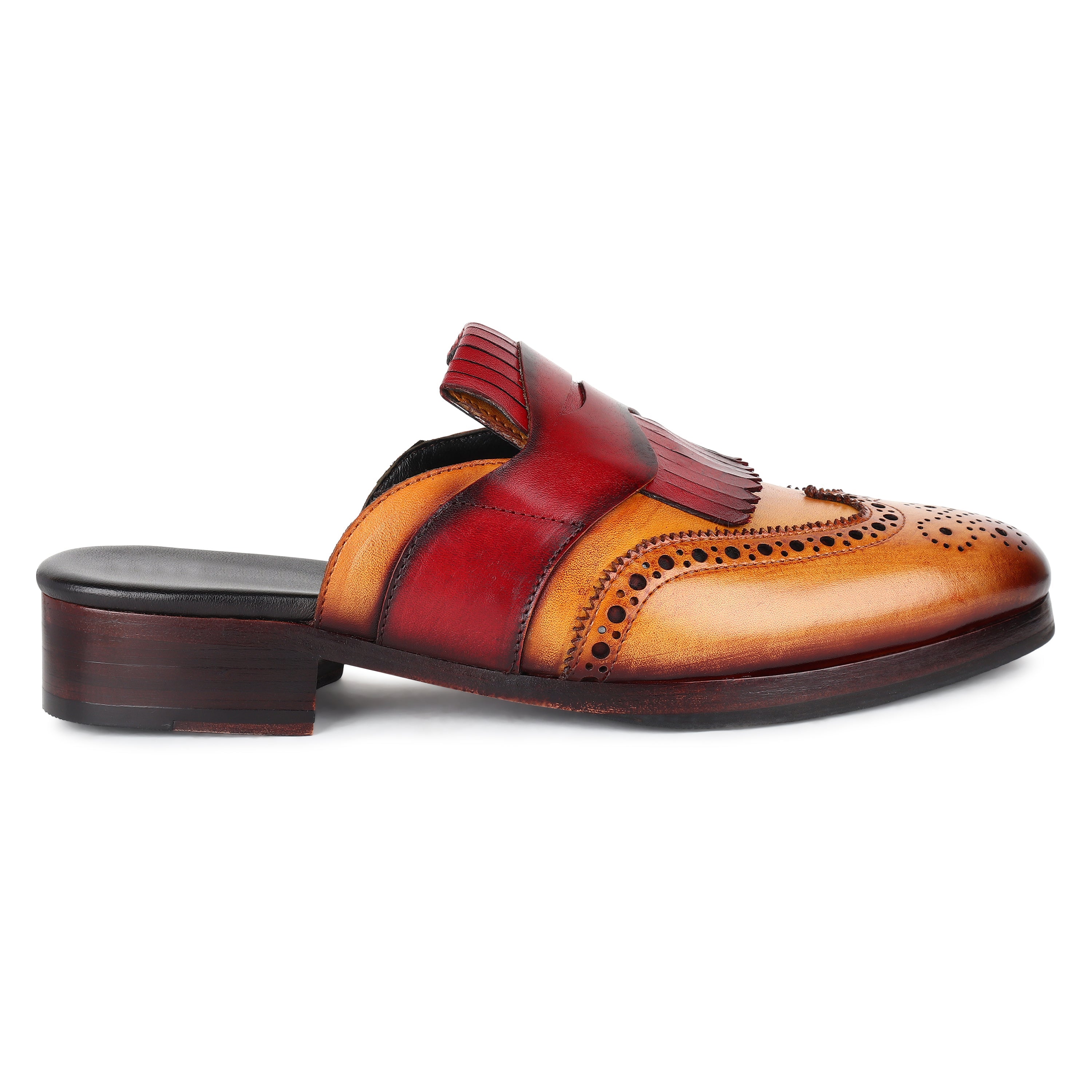 Men’s Tan & Burgundy Two-Tone Leather Kiltie Tassel Brogue Loafers | Premium Formal Slip-On Shoes