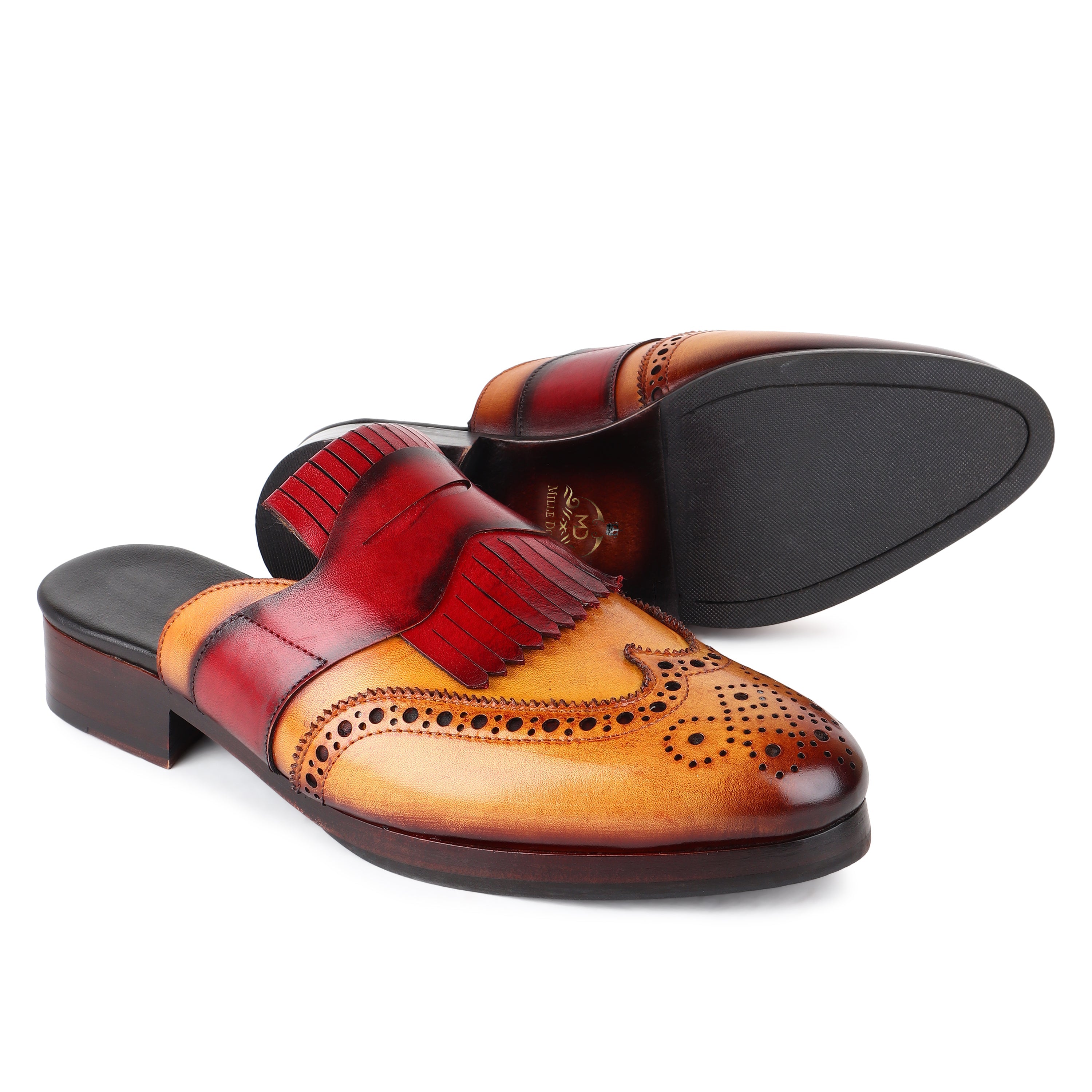 Men’s Tan & Burgundy Two-Tone Leather Kiltie Tassel Brogue Loafers | Premium Formal Slip-On Shoes