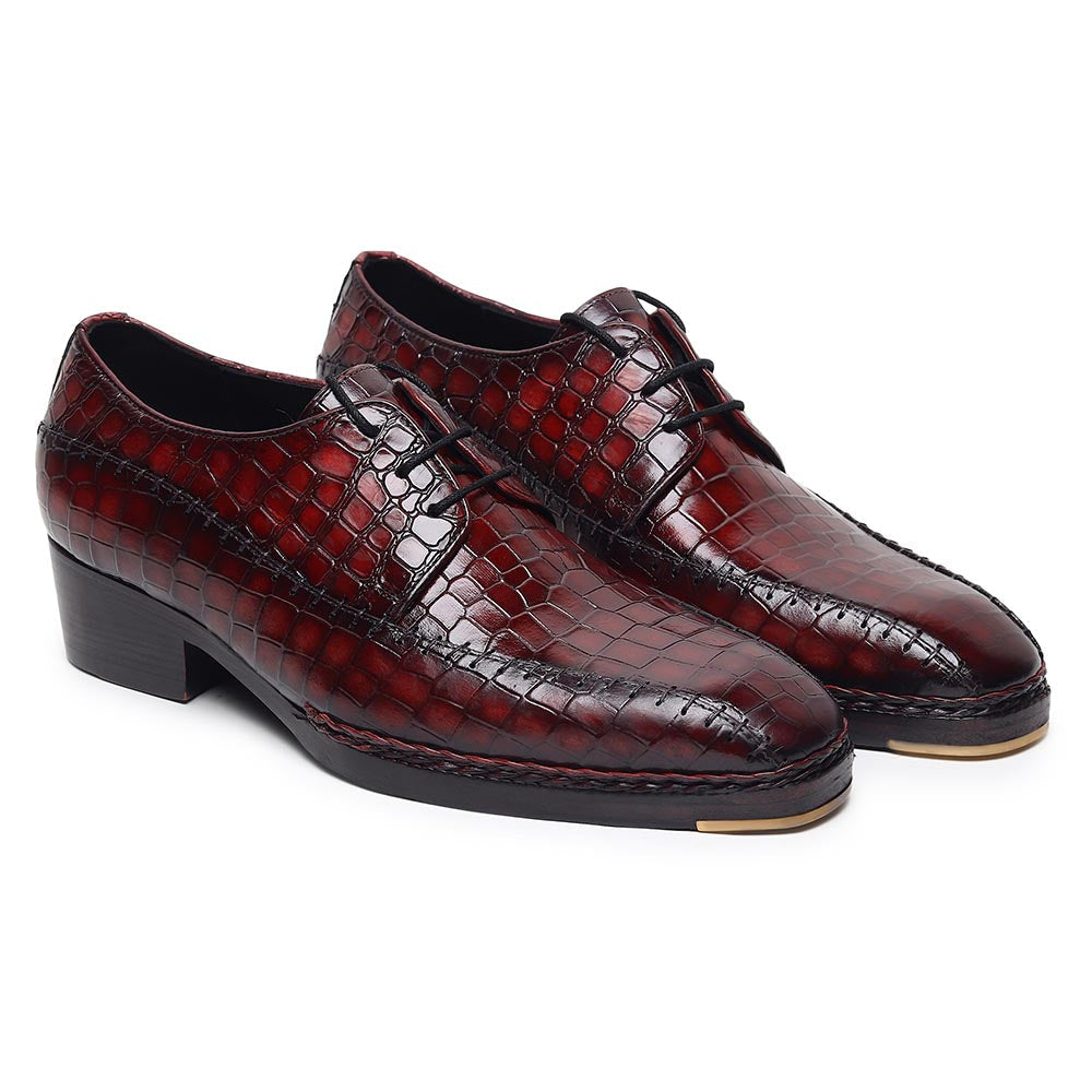 Men’s Burgundy Crocodile Embossed Leather Lace-Up Shoes | Luxury Formal Derby Shoes