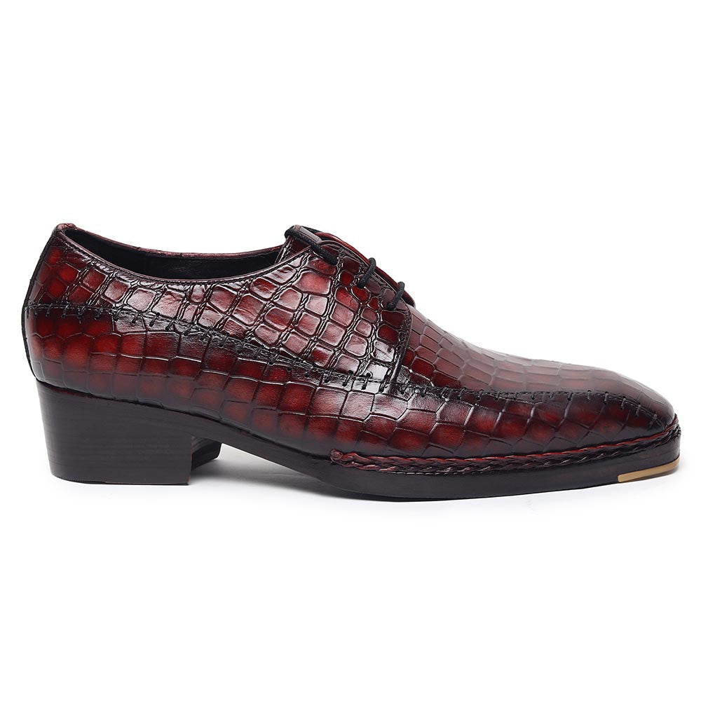 Men’s Burgundy Crocodile Embossed Leather Lace-Up Shoes | Luxury Formal Derby Shoes