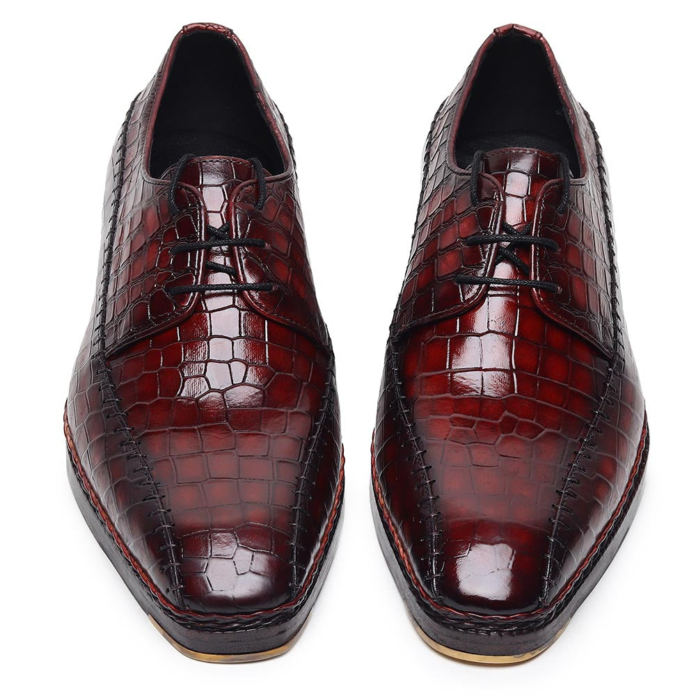 Men’s Burgundy Crocodile Embossed Leather Lace-Up Shoes | Luxury Formal Derby Shoes