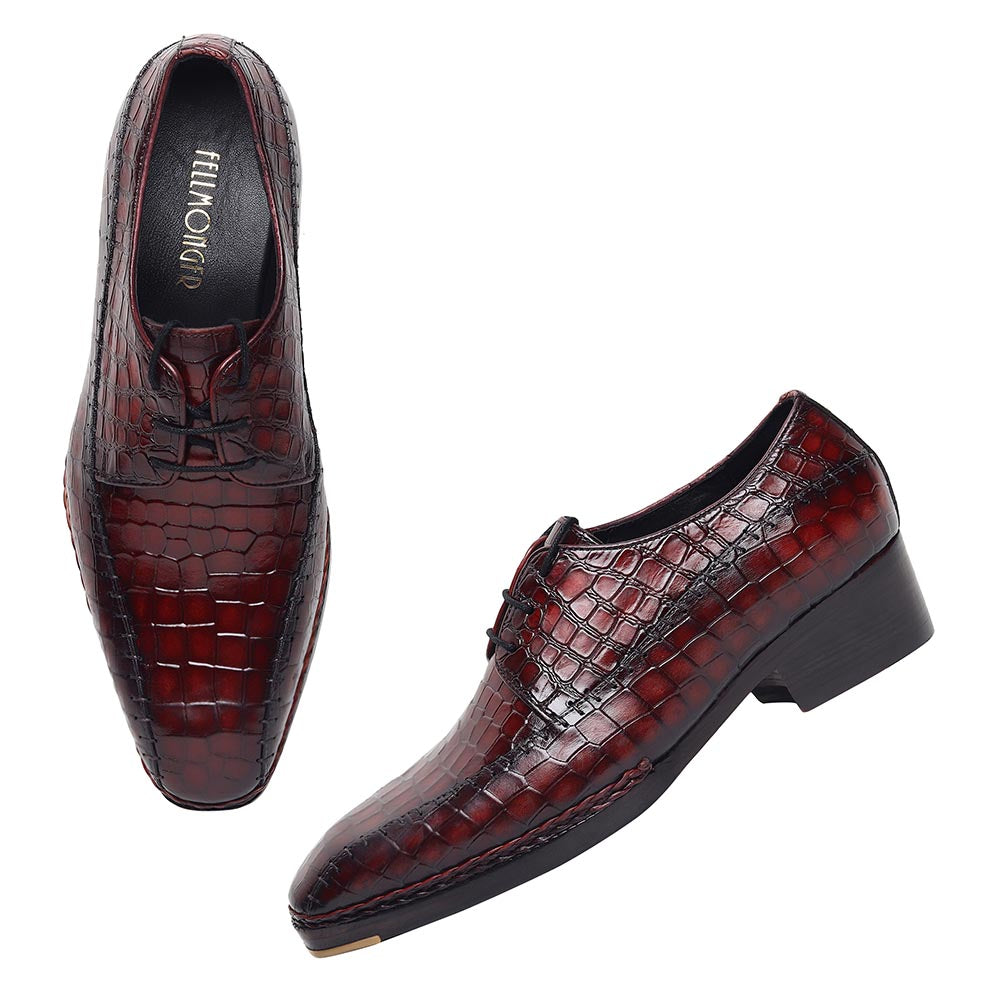 Men’s Burgundy Crocodile Embossed Leather Lace-Up Shoes | Luxury Formal Derby Shoes