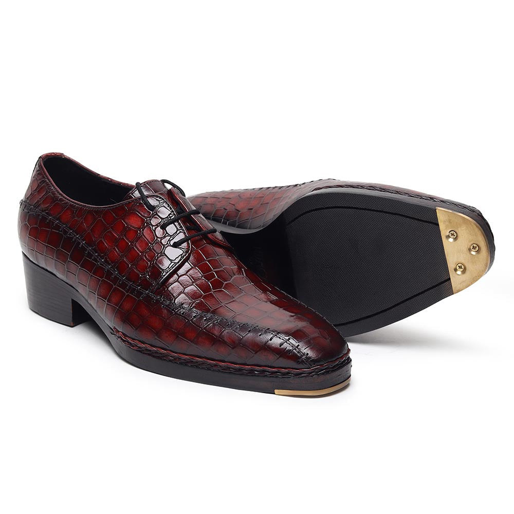 Men’s Burgundy Crocodile Embossed Leather Lace-Up Shoes | Luxury Formal Derby Shoes