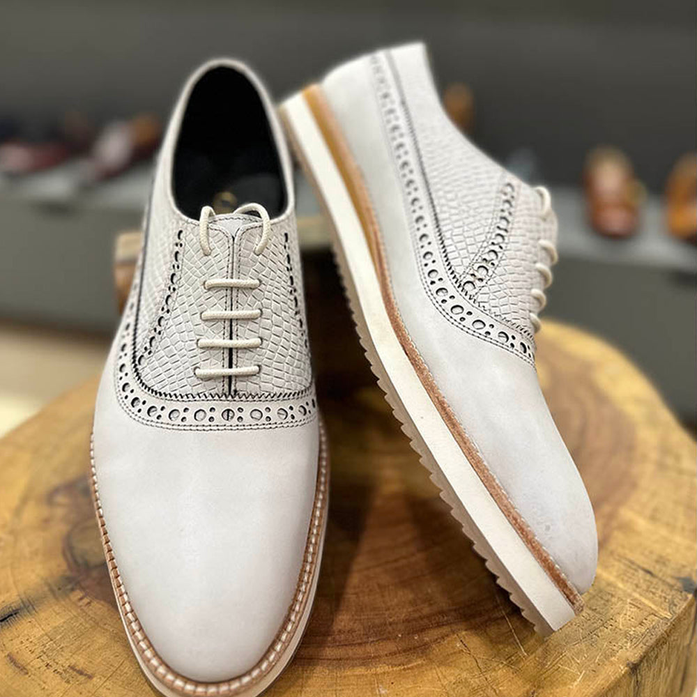 Men’s Off-White Leather Brogue Oxford Shoes | Premium Lace-Up Formal & Wedding Dress Shoes