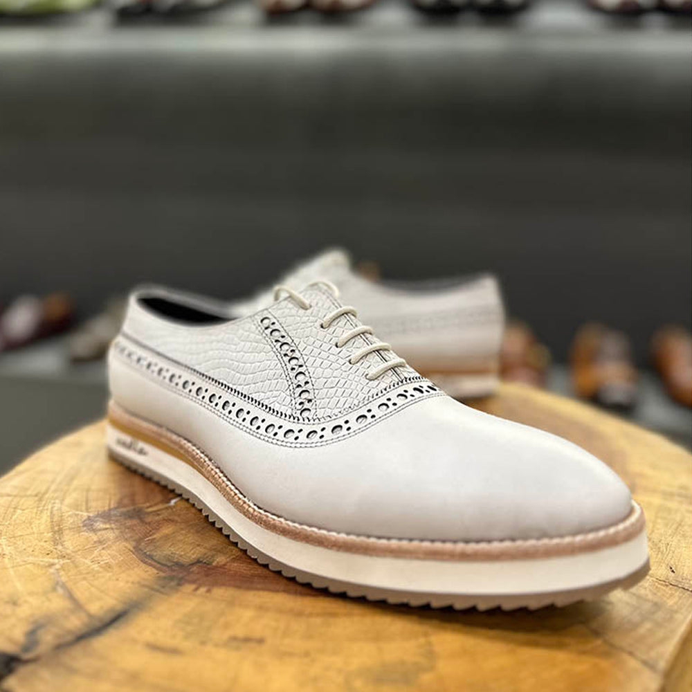 Men’s Off-White Leather Brogue Oxford Shoes | Premium Lace-Up Formal & Wedding Dress Shoes