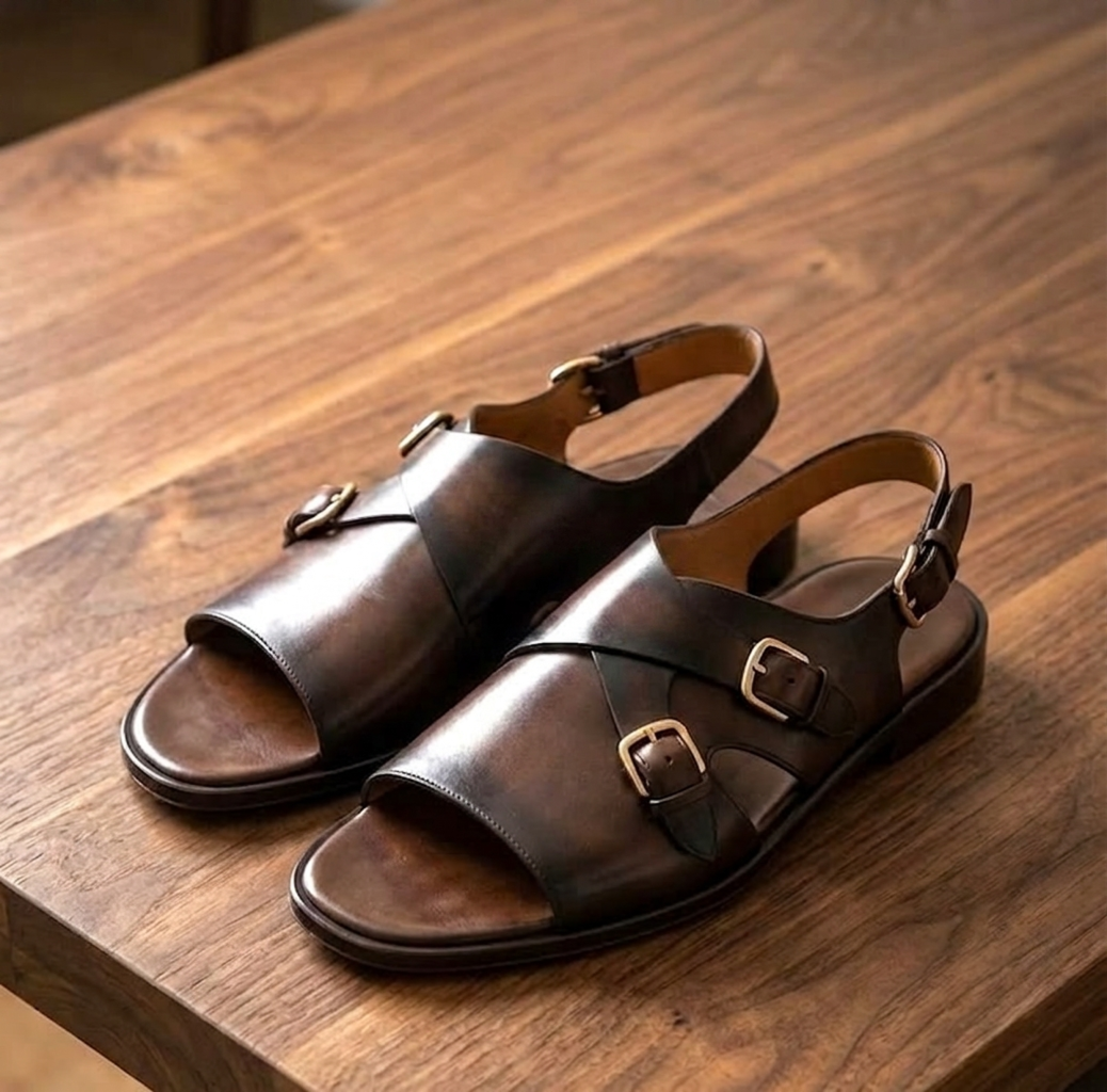 Men's Brown Leather Monk Strap Sandals | Premium Handmade Slingback Sandals