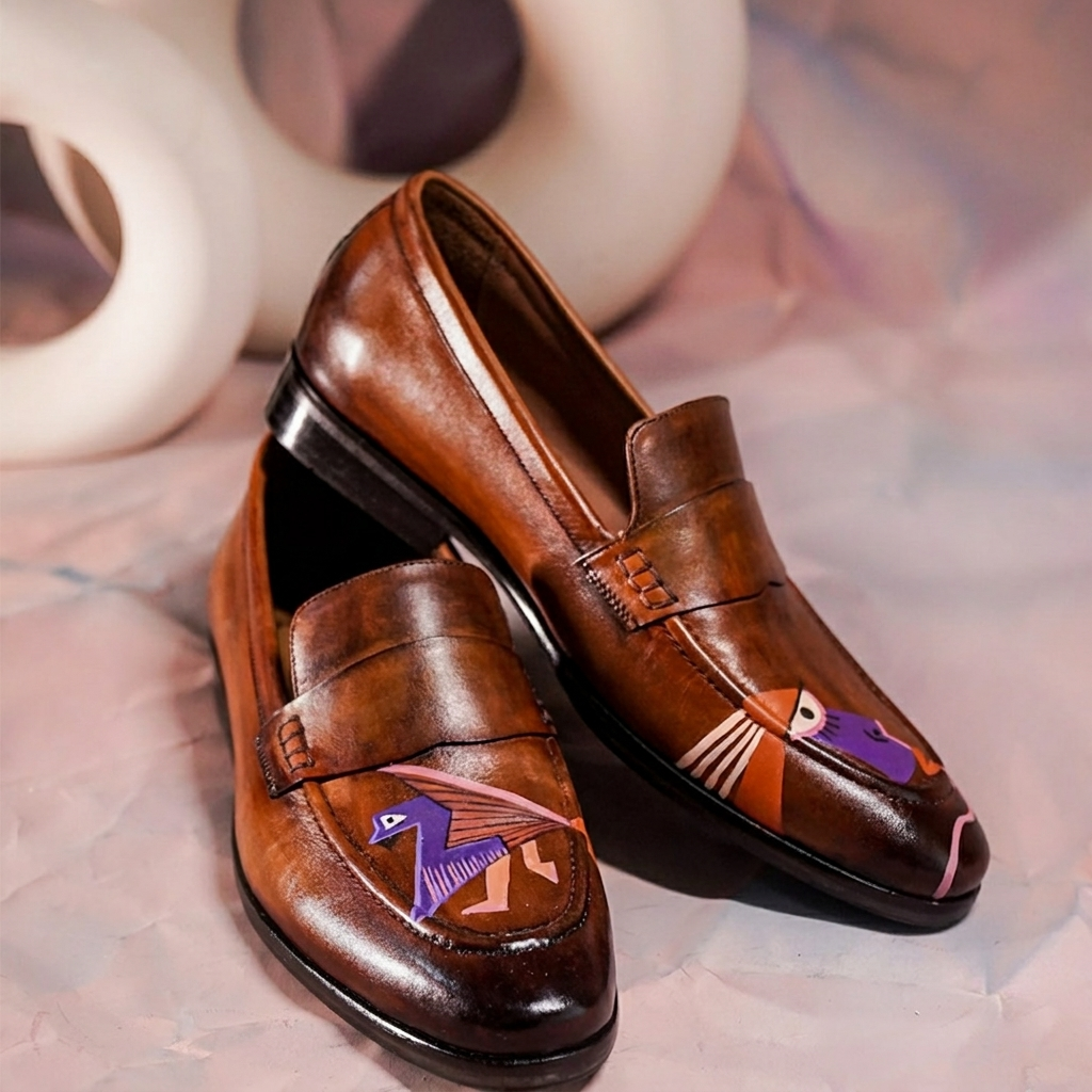 Premium Brown Hand-Painted Leather Penny Loafers with Artistic Bird Design