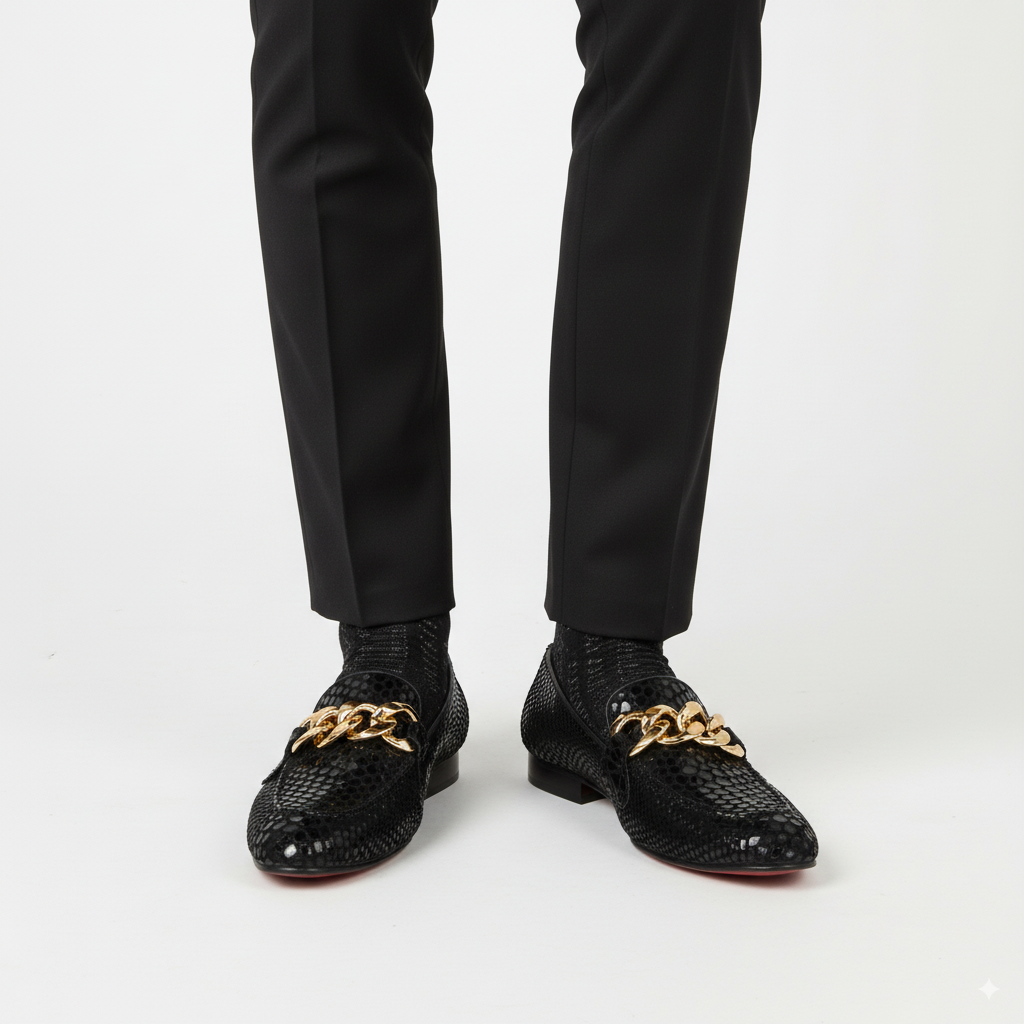 Men's Black Snake Print Leather Loafers with Gold Chain | Luxury Slip-On Shoes