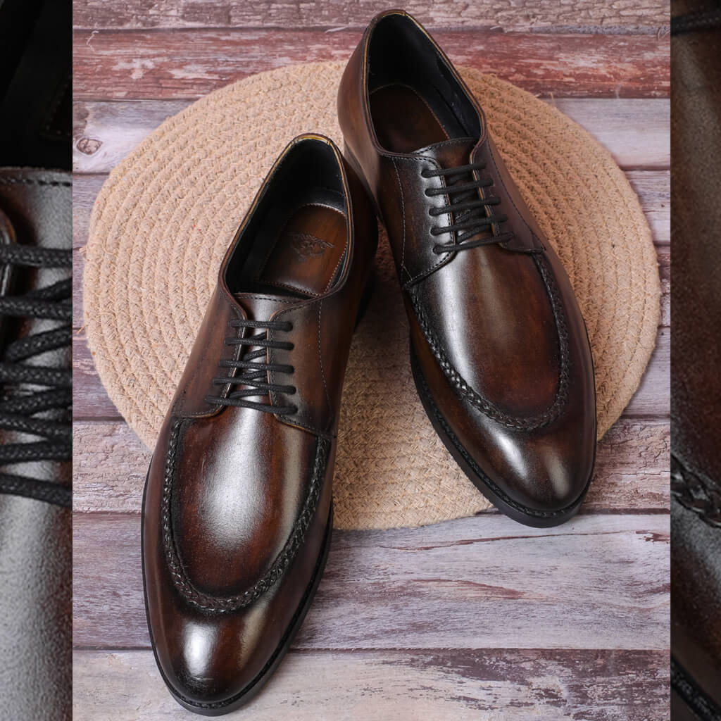 "Mille Dollari INGRID Split Toe Blucher Derby, handcrafted brown leather shoes with a distinctive split toe design and hand welted construction for durability and elegance."

