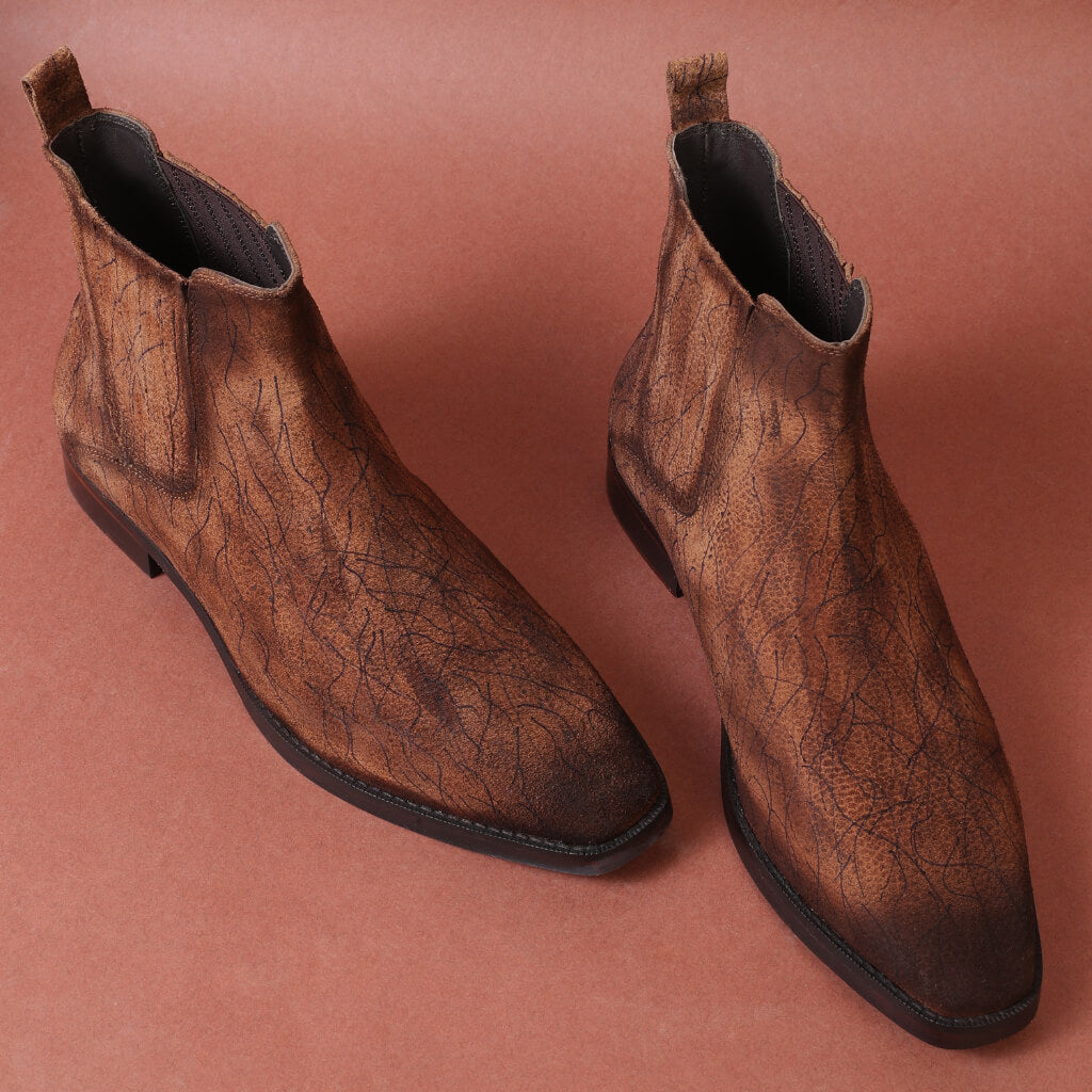 "The Iceman Chelsea Boot by Mille Dollari, crafted from printed suede leather with a pure leather sole and Cuban heel for sophistication, durability, and all-day comfort."

